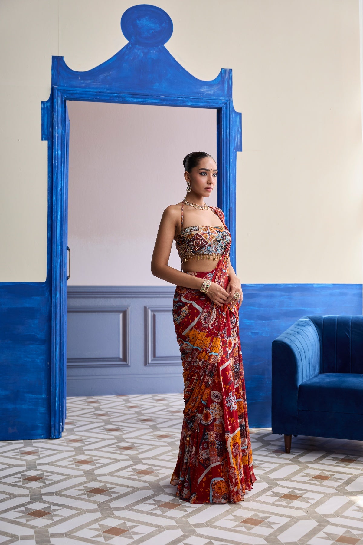 RUST MOSAIC BLOUSE WITH PRE-DRAPED PANELLED SAREE SET