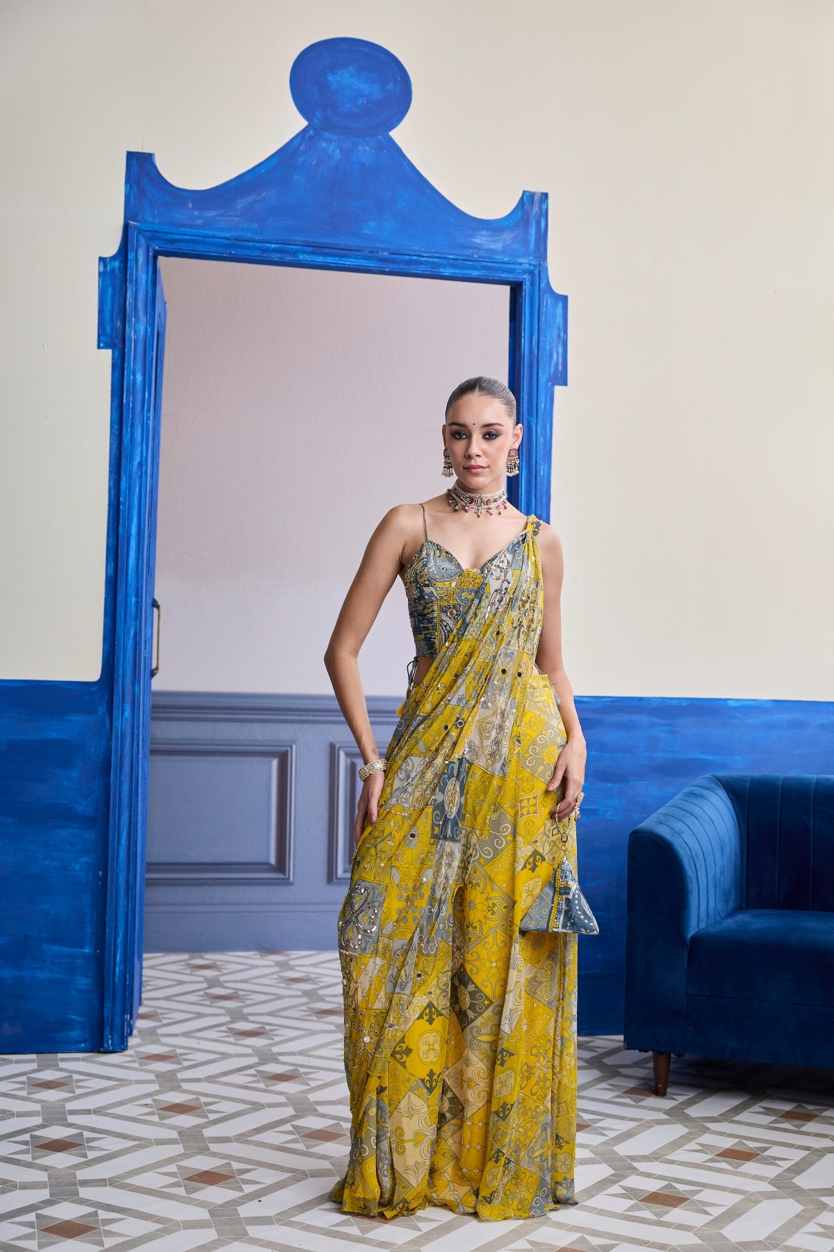 YELLOW GREY MOSAIC RUCHED CORSET WITH DRAPE SHARARA SAREE SET