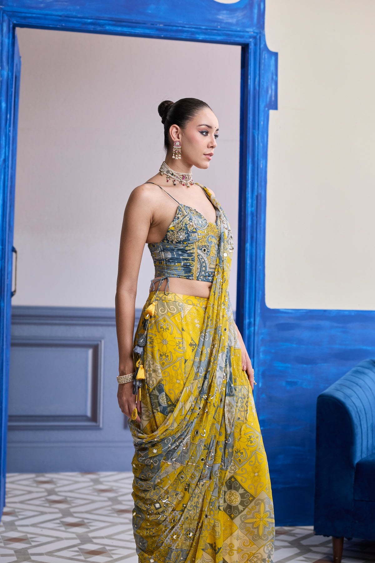 YELLOW GREY MOSAIC RUCHED CORSET WITH DRAPE SHARARA SAREE SET