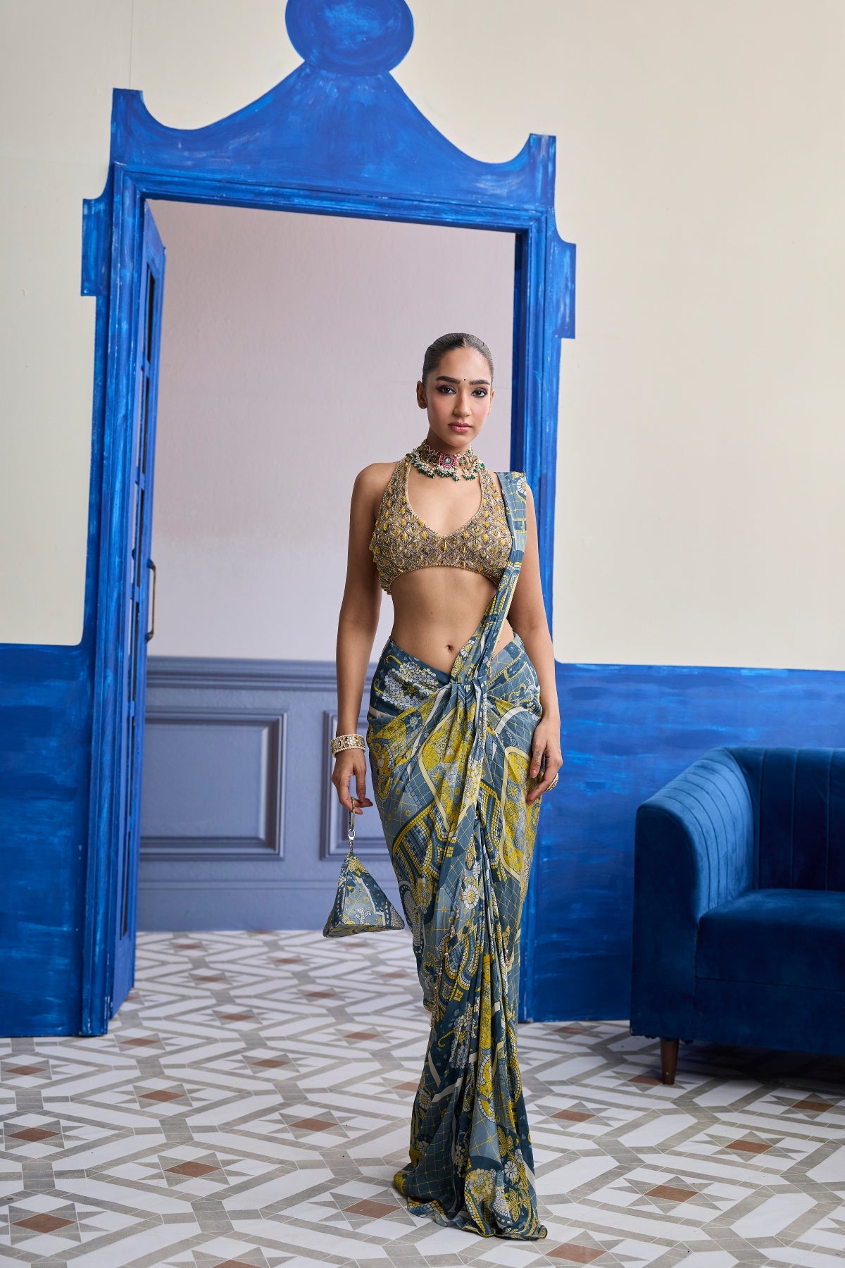GREY & YELLOW GEOMETRIC HALTER BLOUSE WITH DHOTI SKIRT SAREE SET