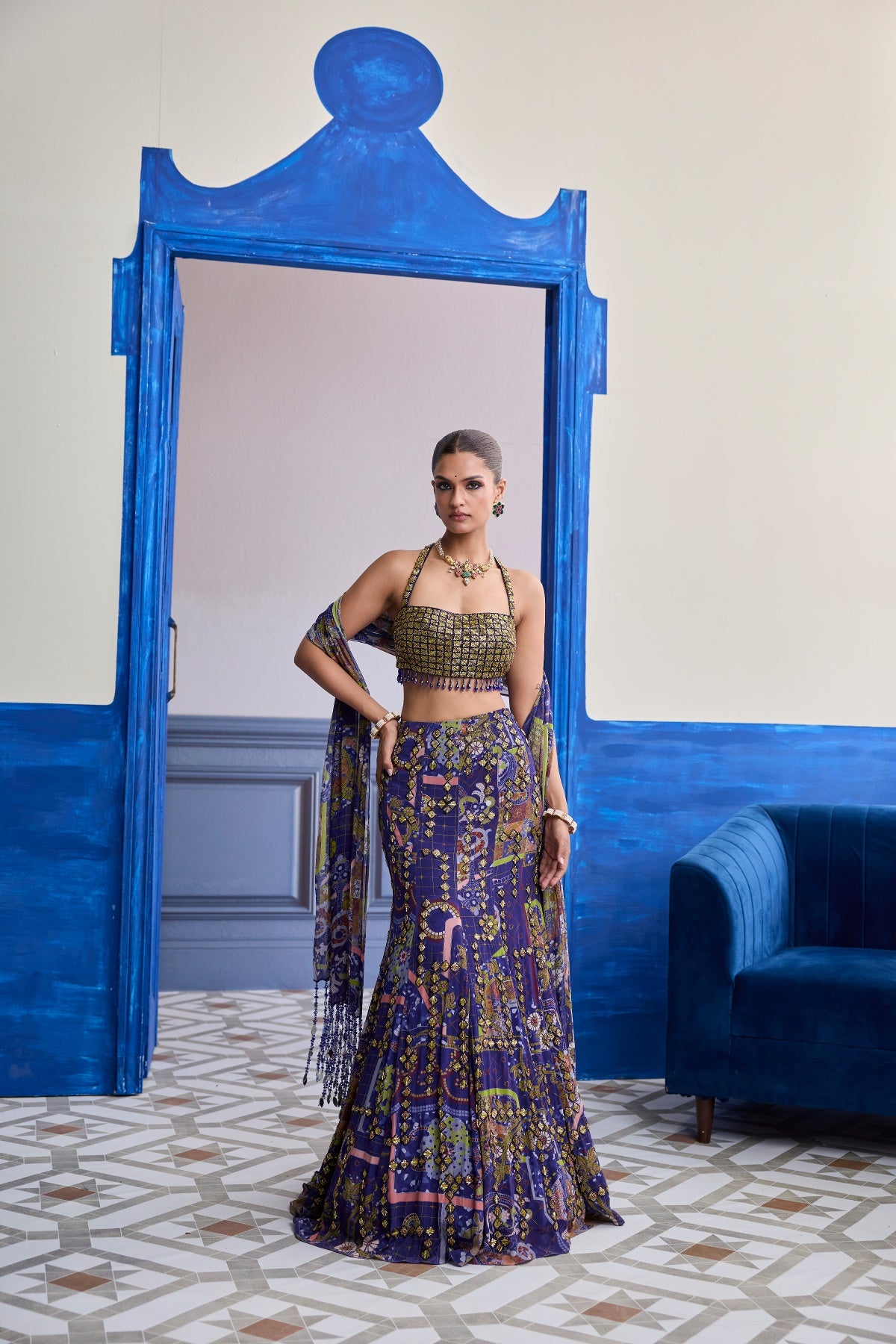 NEON GREEN EMBROIDERED BLOUSE WITH MERMAID SKIRT & TASSEL DUPATTA SET