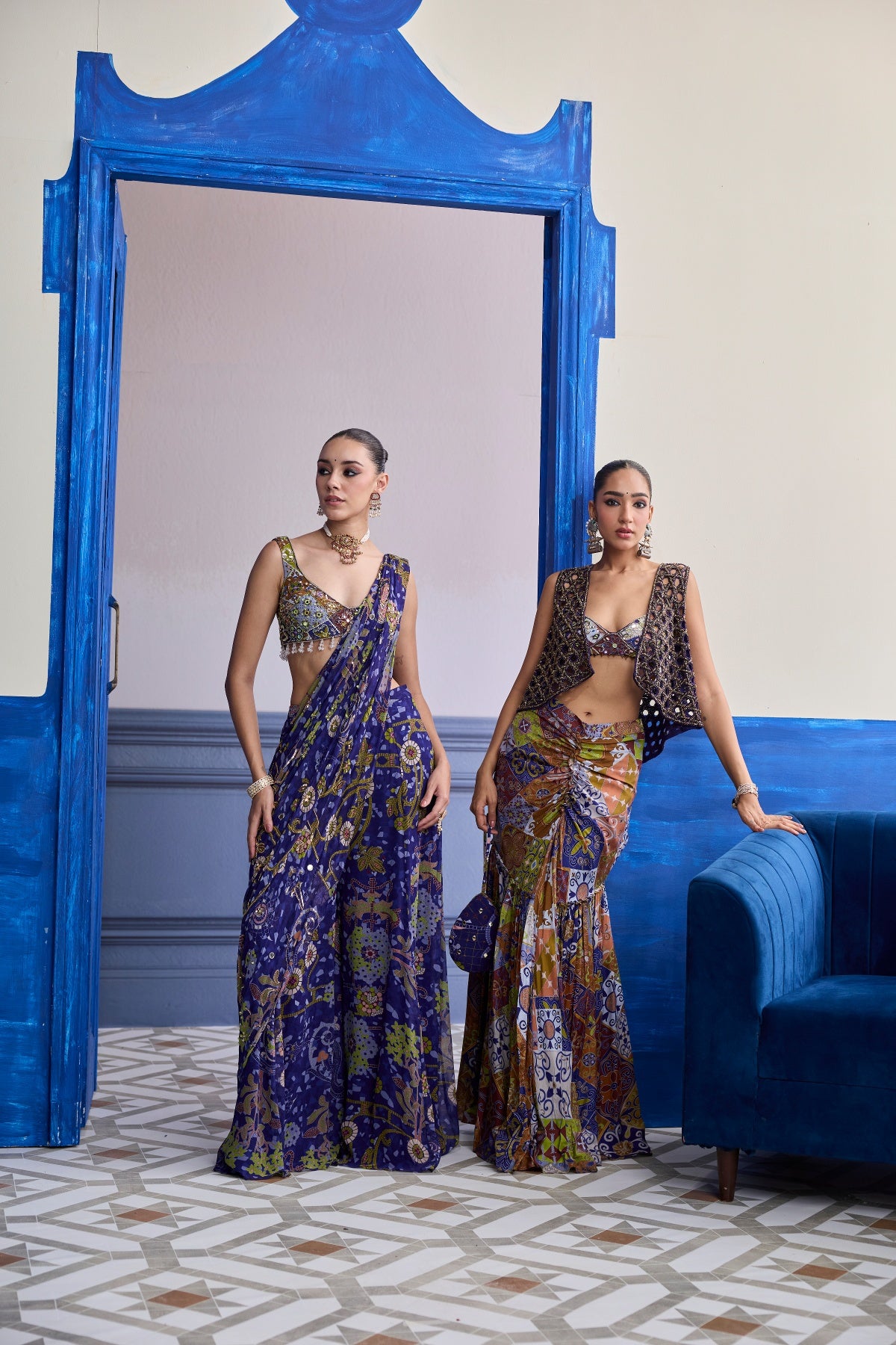 VIOLET MOSAIC BLOUSE WITH DRAPE SHARARA SAREE SET