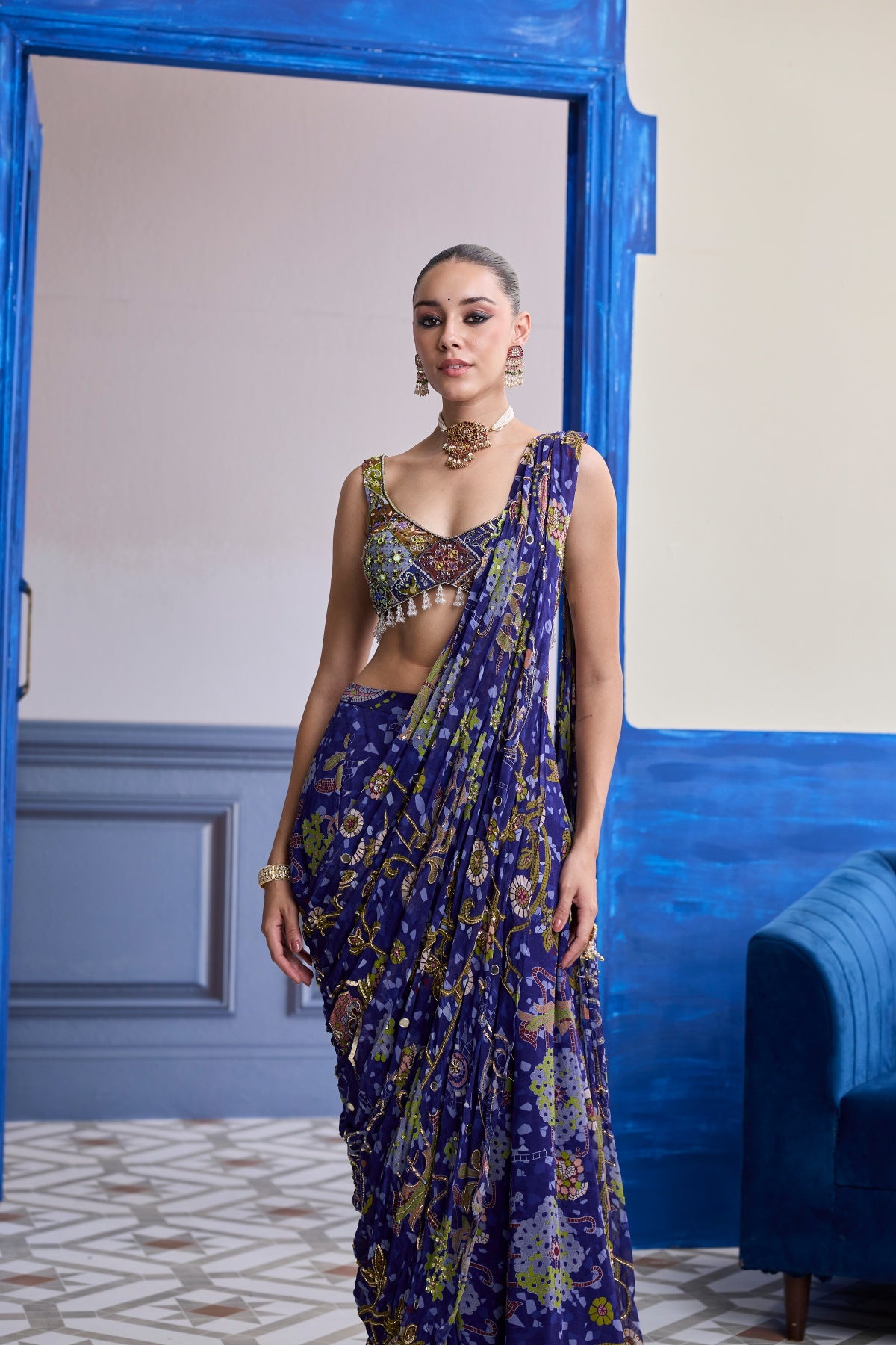 VIOLET MOSAIC BLOUSE WITH DRAPE SHARARA SAREE SET