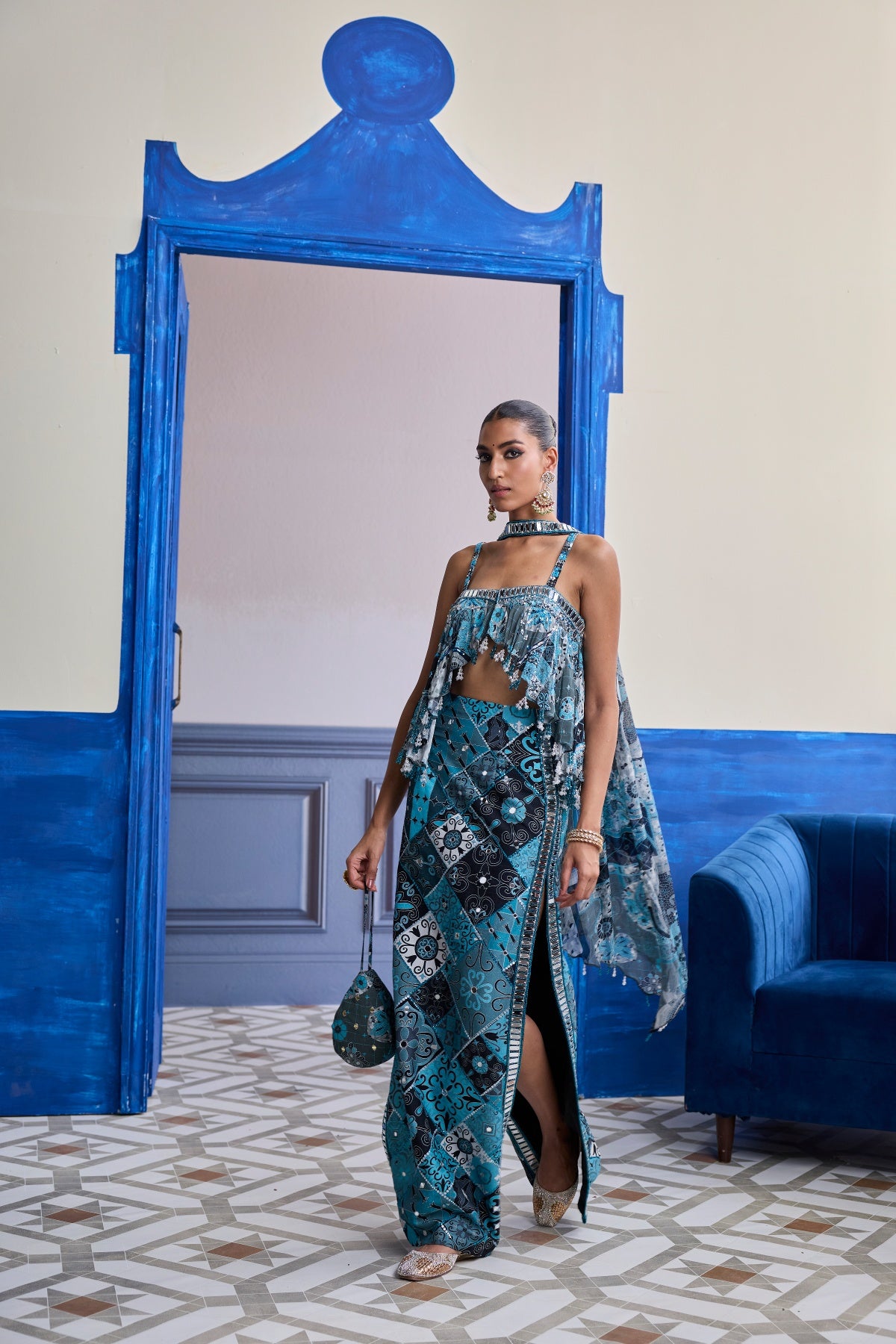 TEAL & BLACK MOSAIC PEPLUM WITH SLIT SKIRT & CHOKER DUPATTA SET