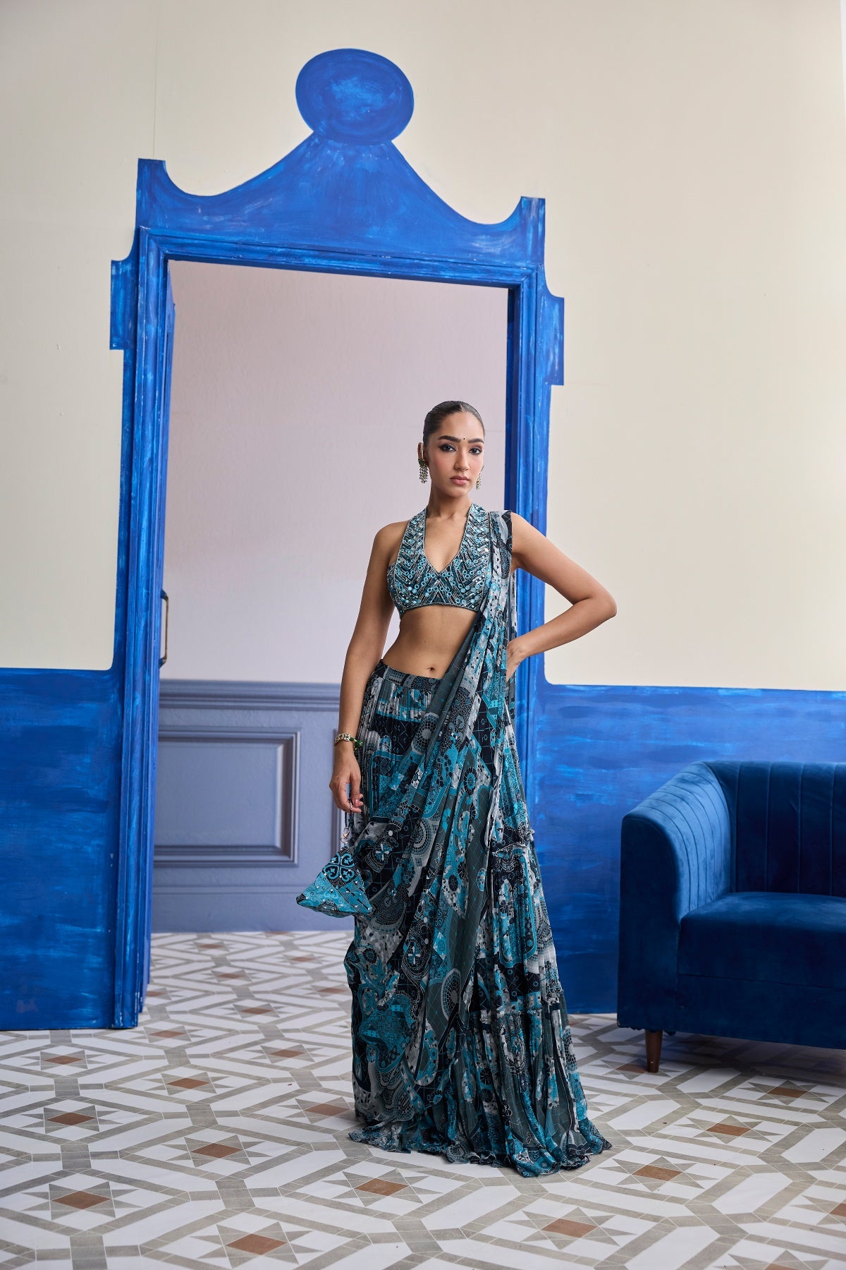 TEAL MOSAIC HALTER BLOUSE WITH TIERED SKIRT SAREE SET