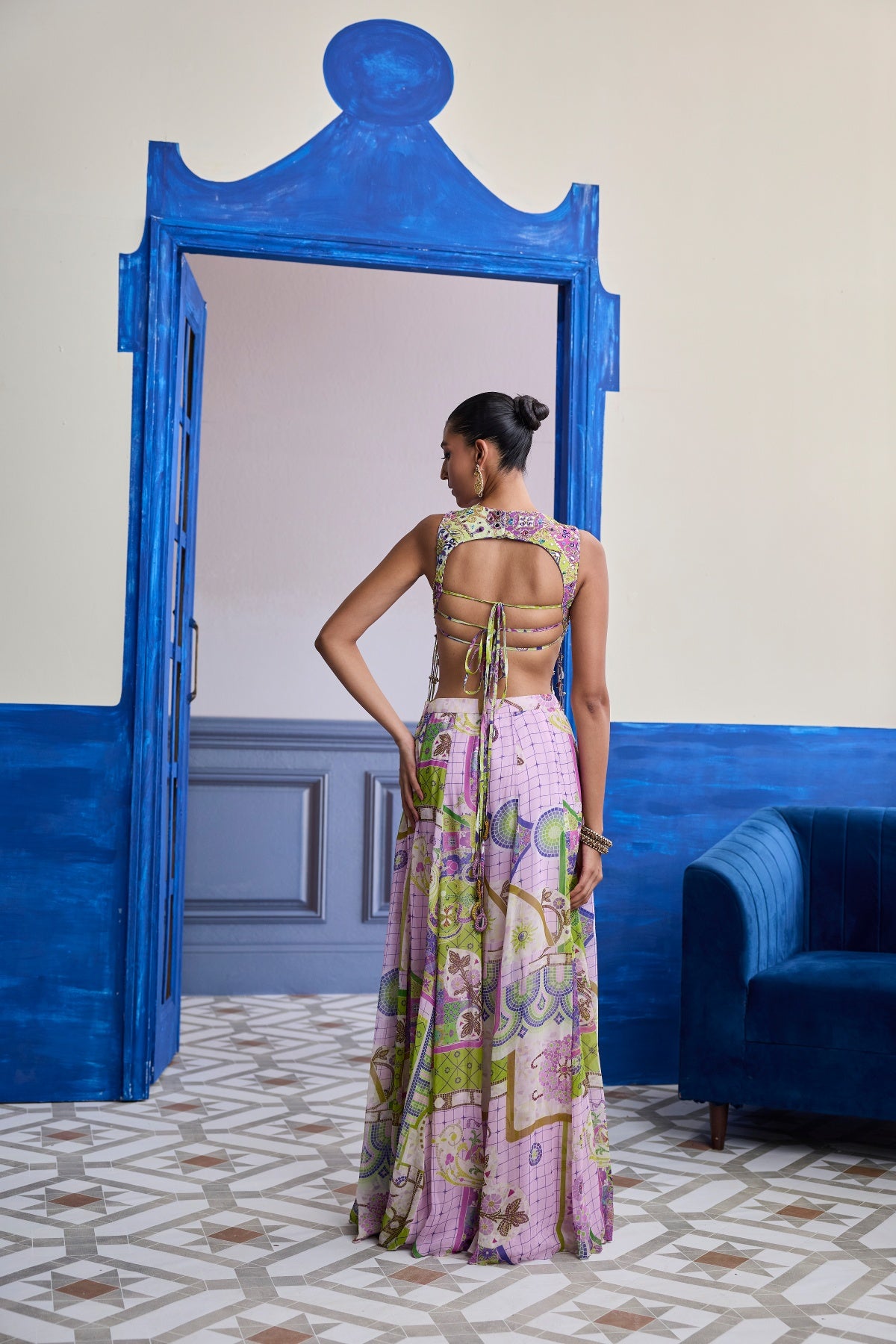BUBBLEGUM MOSAIC YOKE BLOUSE WITH LONG TASSELS & PRINTED SHARARA SET