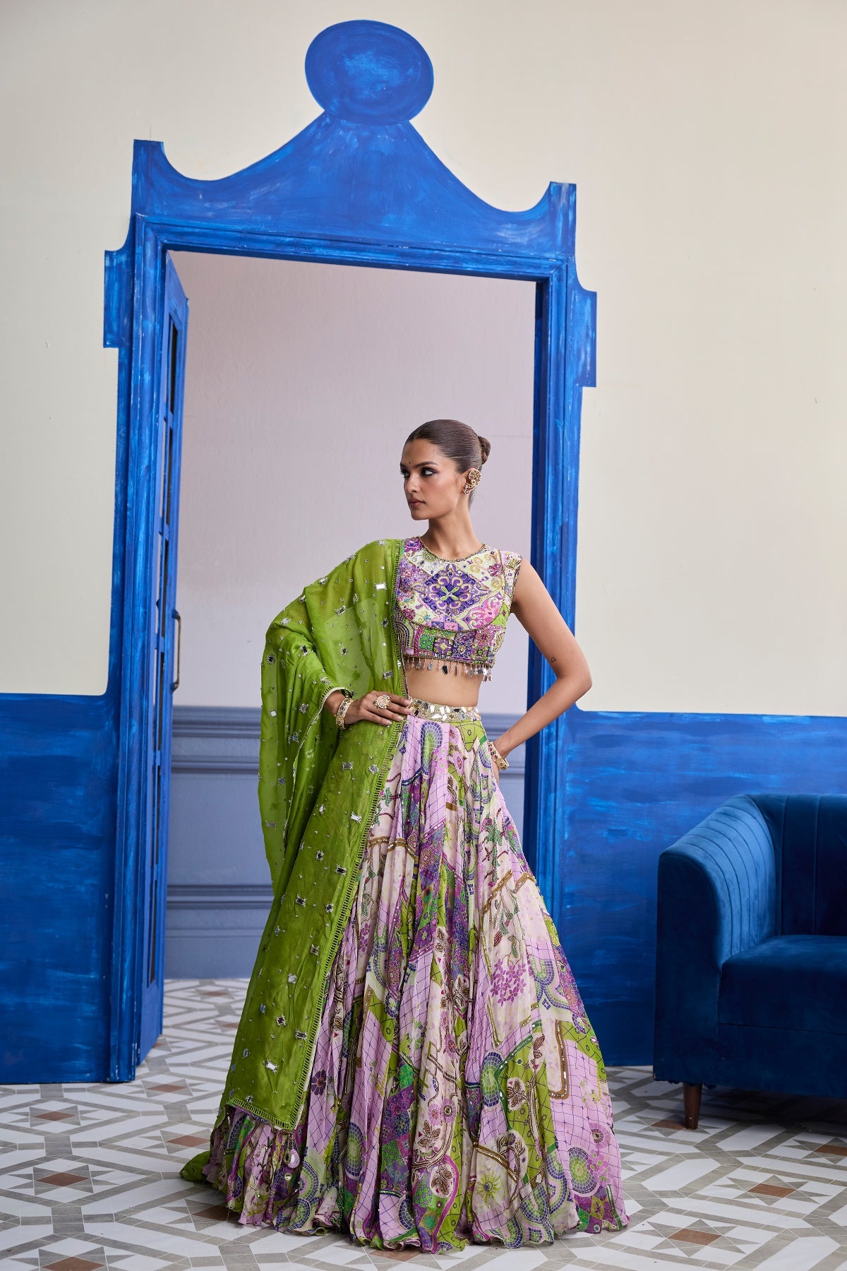 BUBBLEGUM MOSAIC YOKE BLOUSE WITH LEHENGA & EMBROIDERED DUPATTA SET