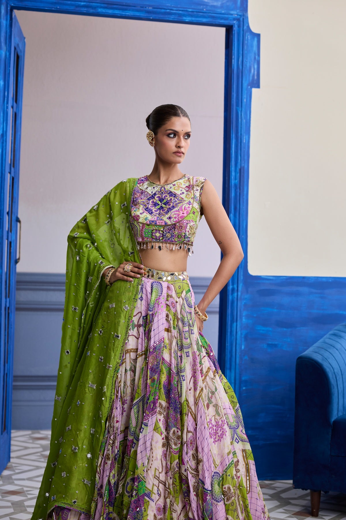 BUBBLEGUM MOSAIC YOKE BLOUSE WITH LEHENGA & EMBROIDERED DUPATTA SET