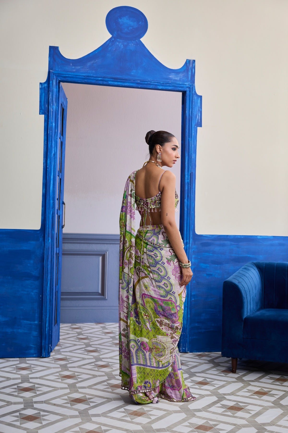 BUBBLEGUM MOSAIC SCALLOP BLOUSE WITH EMBROIDERY & DRAPED SAREE SKIRT SET