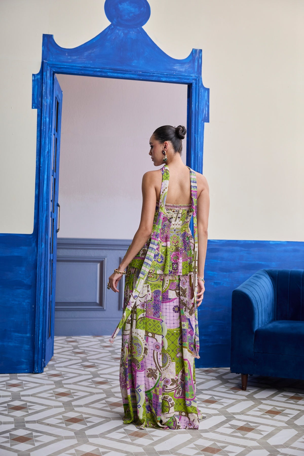 BUBBLEGUM MOSAIC PEPLUM KURTI WITH BOX-PLEAT PANTS & DRAPED DUPATTA SET
