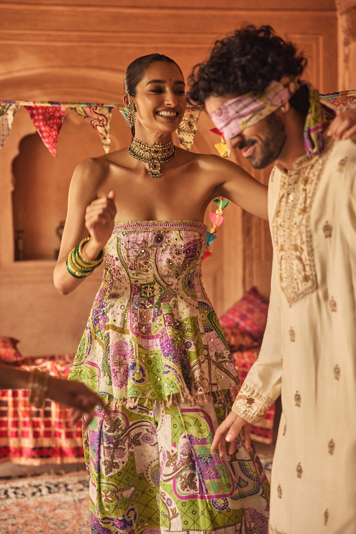BUBBLEGUM MOSAIC PEPLUM KURTI WITH BOX-PLEAT PANTS & DRAPED DUPATTA SET