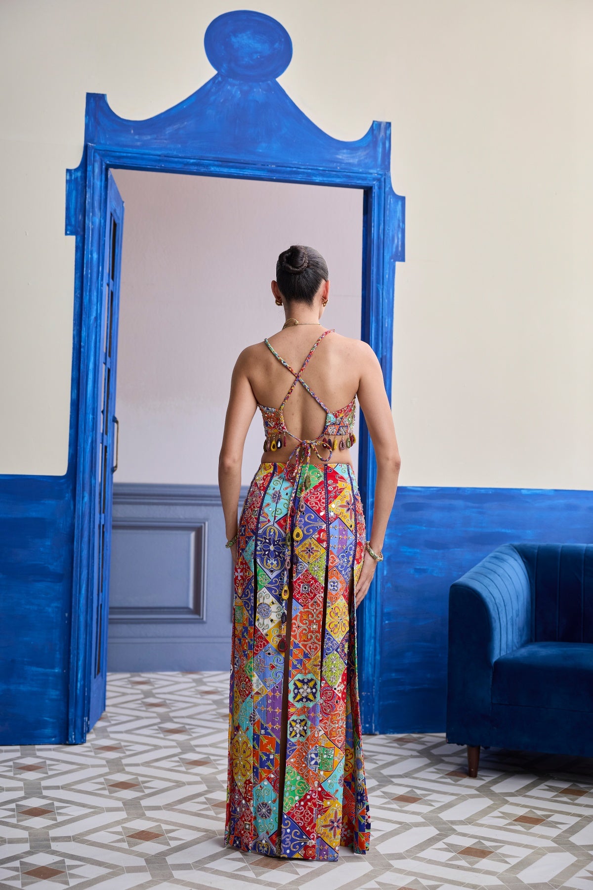MULTICOLOUR MOSAIC CROP BLOUSE WITH MIRROR TASSELS & PANELLED SKIRT SET