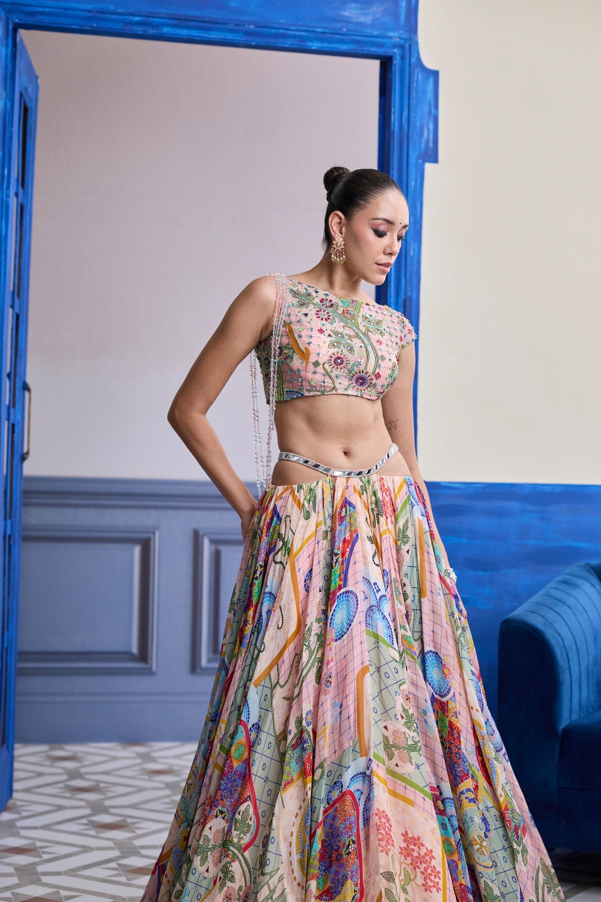 BLUSH PINK MOSAIC ASYMMETRIC BLOUSE WITH TASSELS & PRINTED SKIRT SET