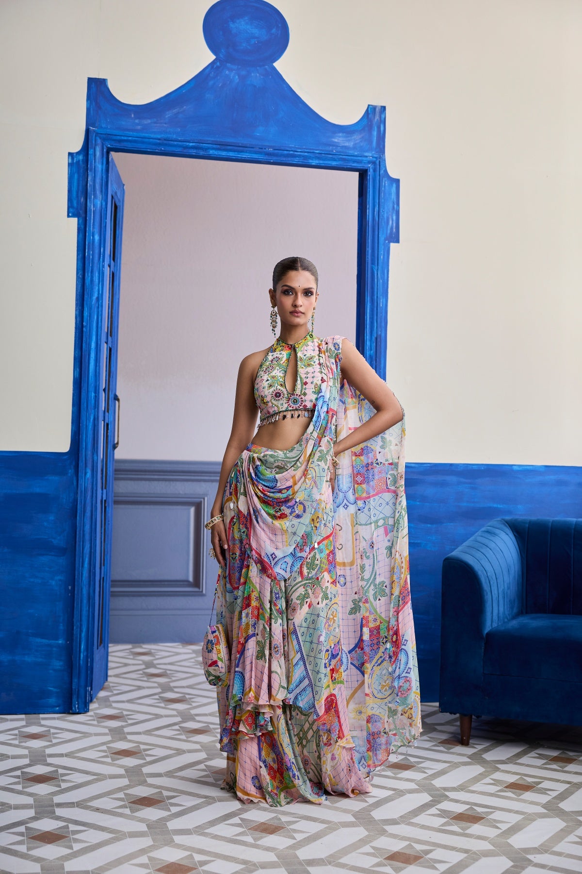 BLUSH PINK MOSAIC HALTER BLOUSE WITH DRAPED COWL SKIRT SAREE SET