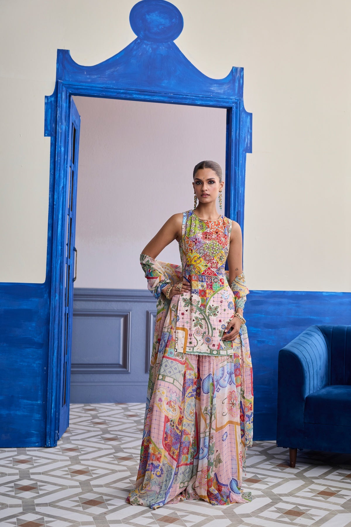 BLUSH PINK MOSAIC KURTI WITH FLARED SHARARA & DUPATTA SET