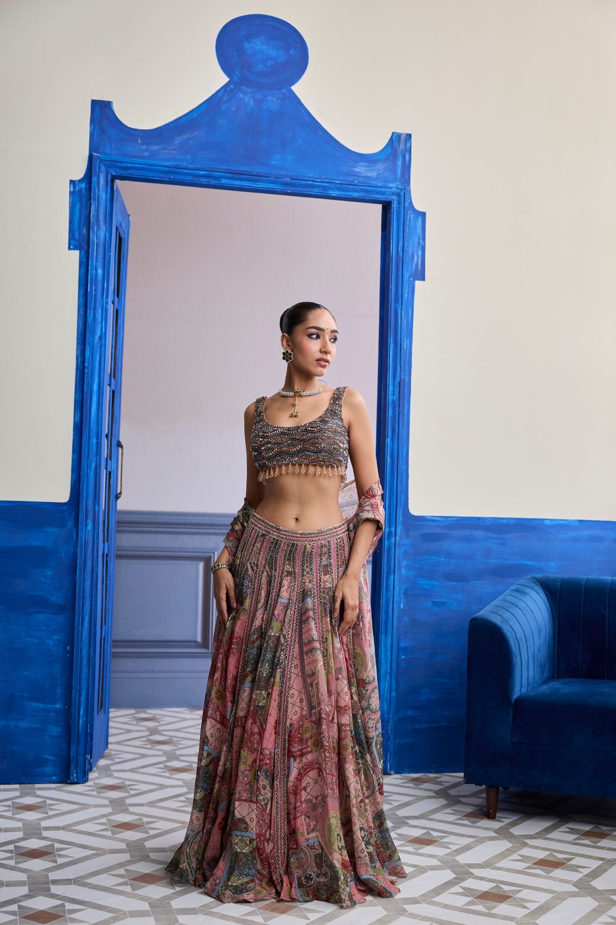 DUSK PINK EMBROIDERED BLOUSE WITH LACE LEHENGA & TASSEL DUPATTA SET