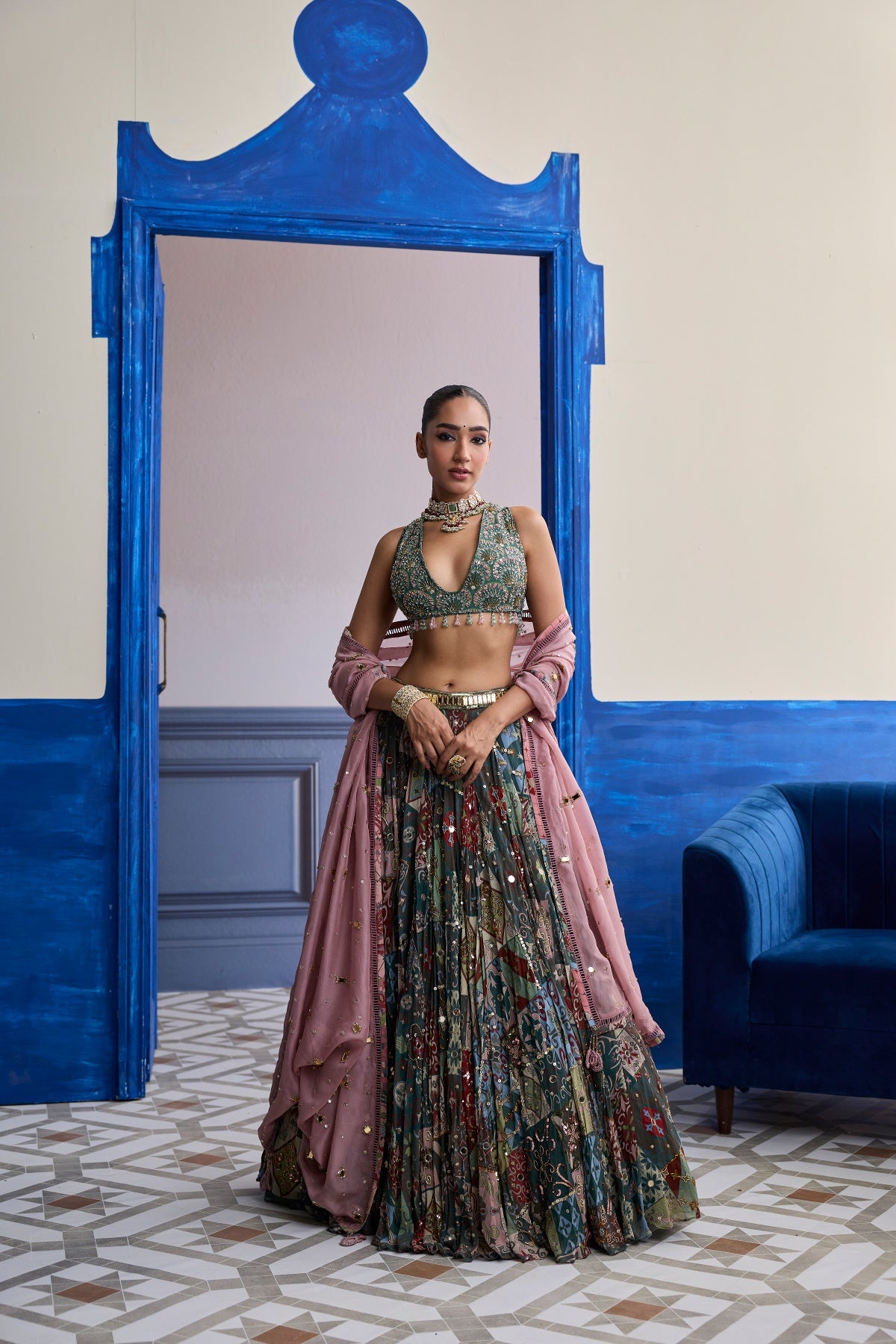 FOREST GREEN BUTTA BLOUSE WITH HIGHLIGHTED LEHENGA & EMBROIDERED DUPATTA SET
