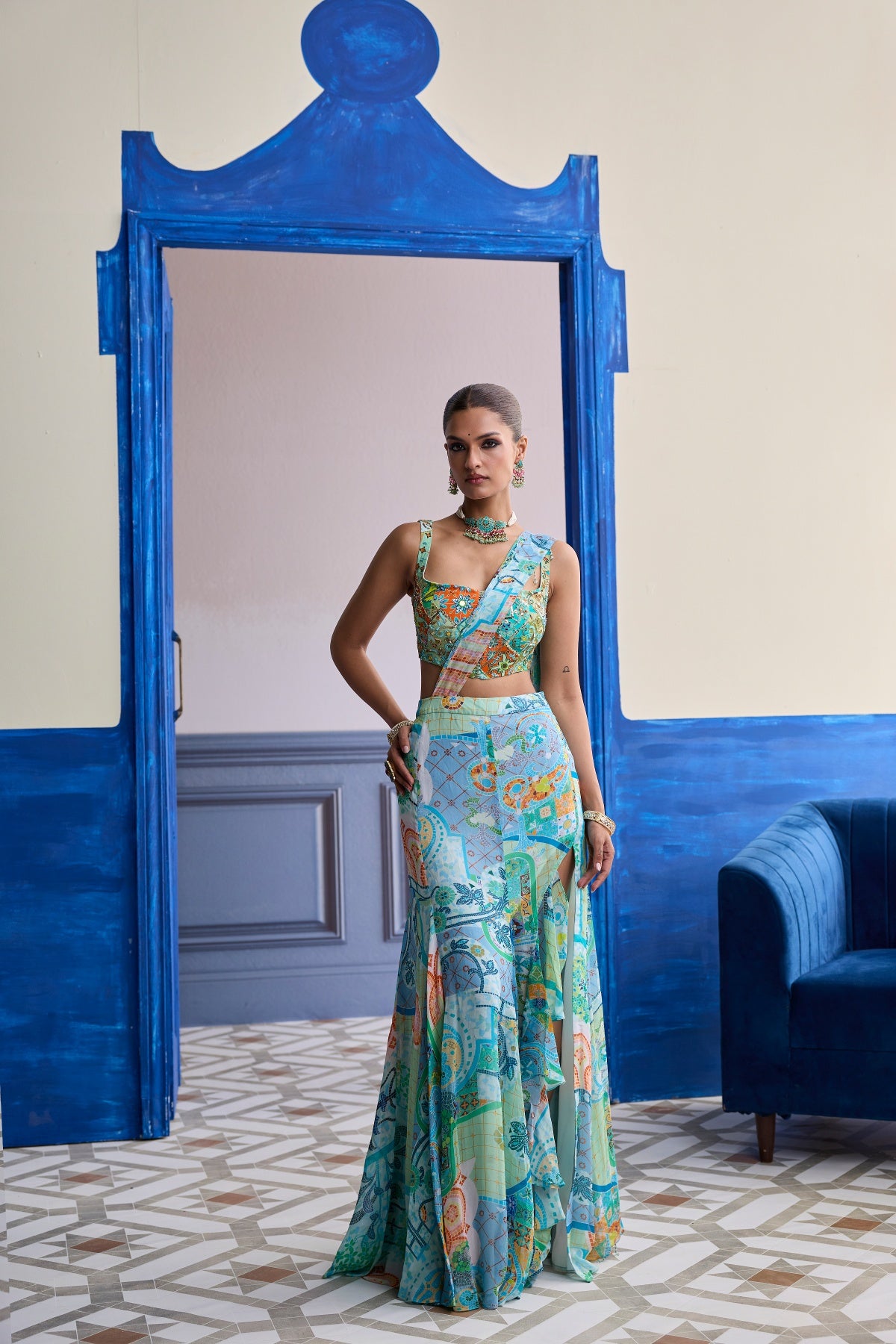 AQUA BLUE MOSAIC BLOUSE WITH RUFFLE SLIT SKIRT SAREE SET
