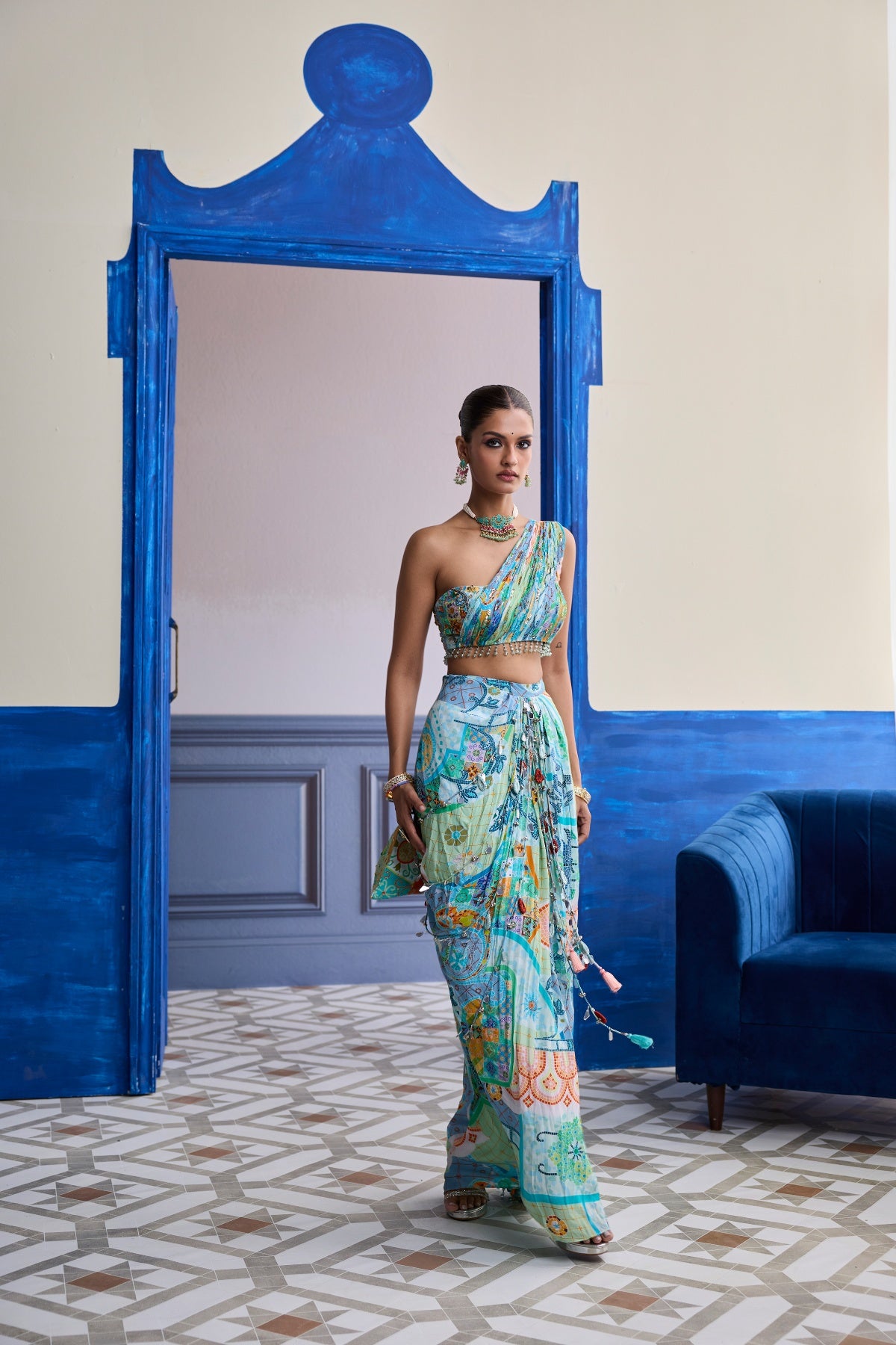 AQUA BLUE MOSAIC ONE-SHOULDER BLOUSE WITH COWL DHOTI SKIRT SET