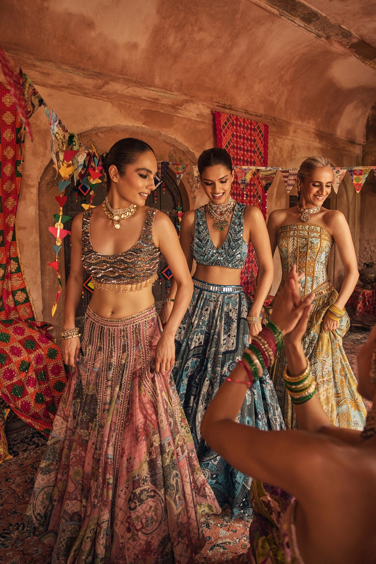 TEAL & BLACK EMBROIDERED BLOUSE WITH PRINTED LEHENGA & DUPATTA SET