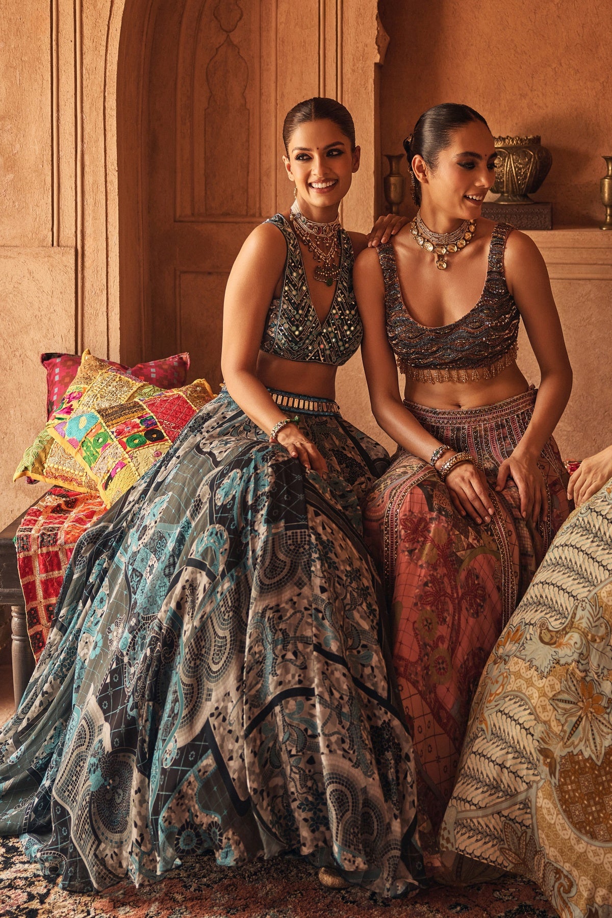 TEAL & BLACK EMBROIDERED BLOUSE WITH PRINTED LEHENGA & DUPATTA SET
