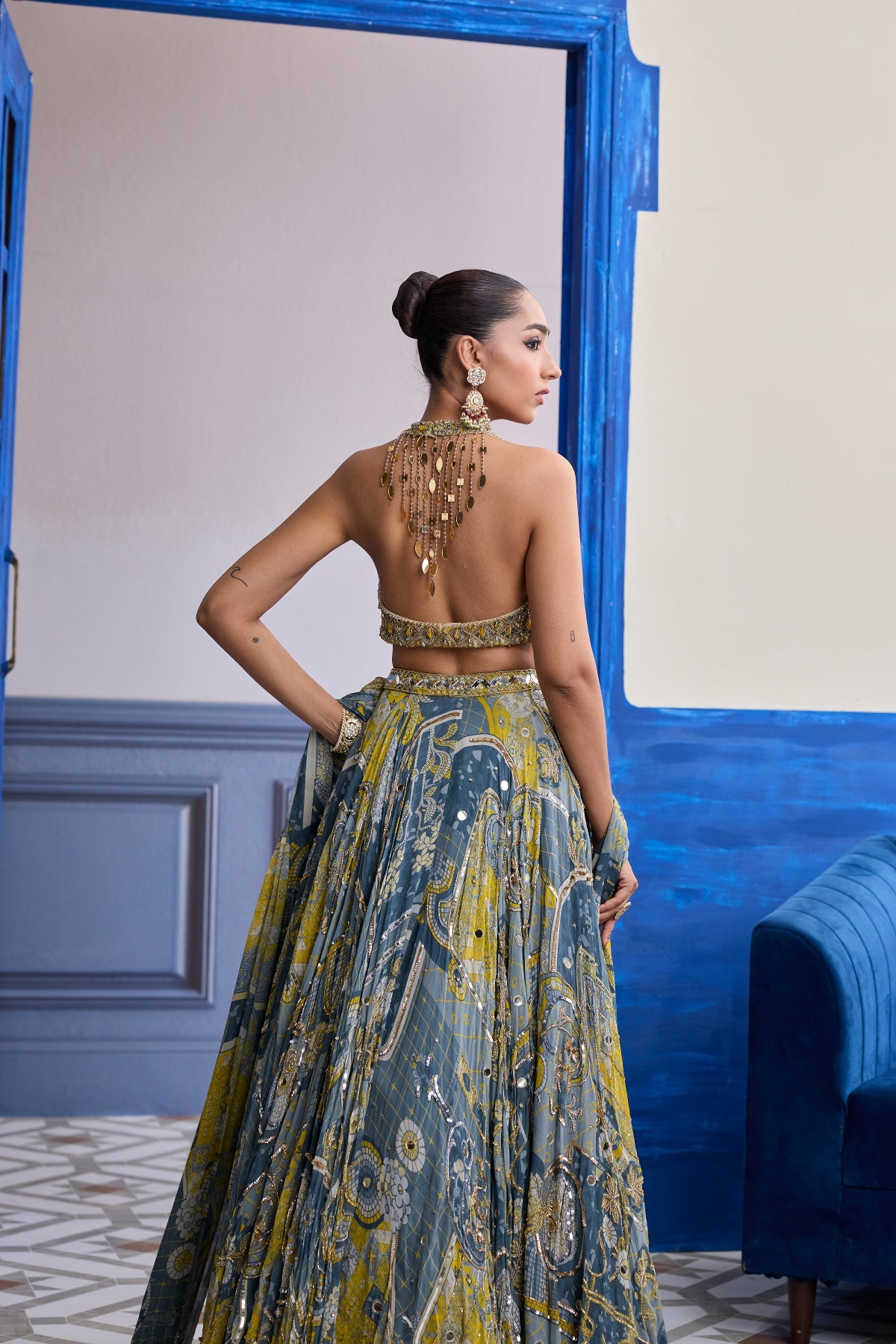 GREY & YELLOW EMBROIDERED BLOUSE WITH HIGHLIGHTED LEHENGA & TASSEL DUPATTA SET