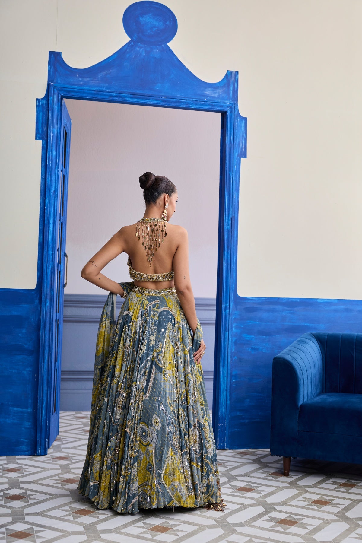 GREY & YELLOW EMBROIDERED BLOUSE WITH HIGHLIGHTED LEHENGA & TASSEL DUPATTA SET
