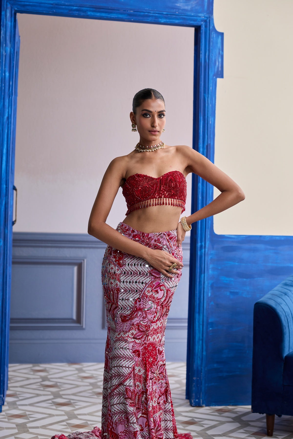 RED EMBROIDERED BLOUSE WITH TASSEL CAPE JACKET & MERMAID SKIRT SET