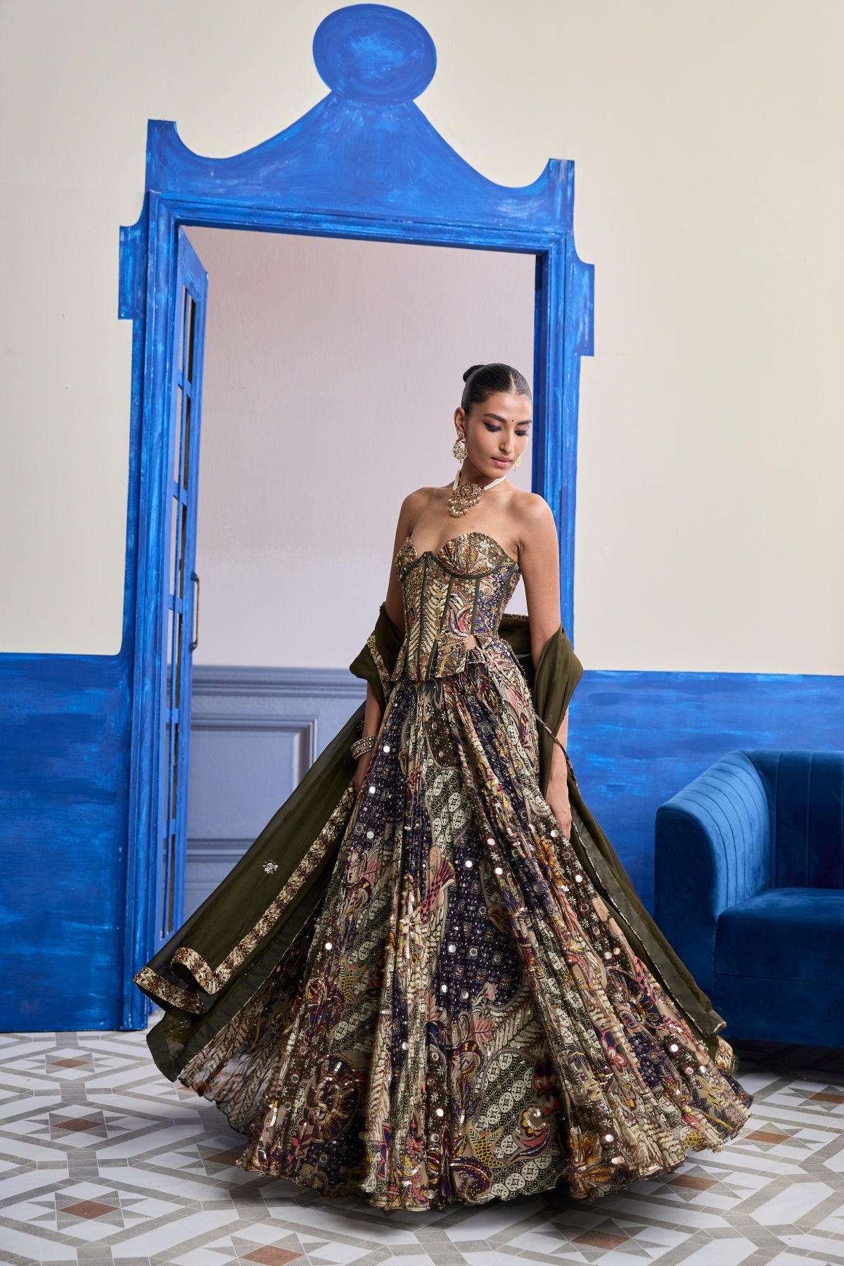 OLIVE PRINT CORSET WITH HIGHLIGHTED LEHENGA & EMBROIDERED DUPATTA SET