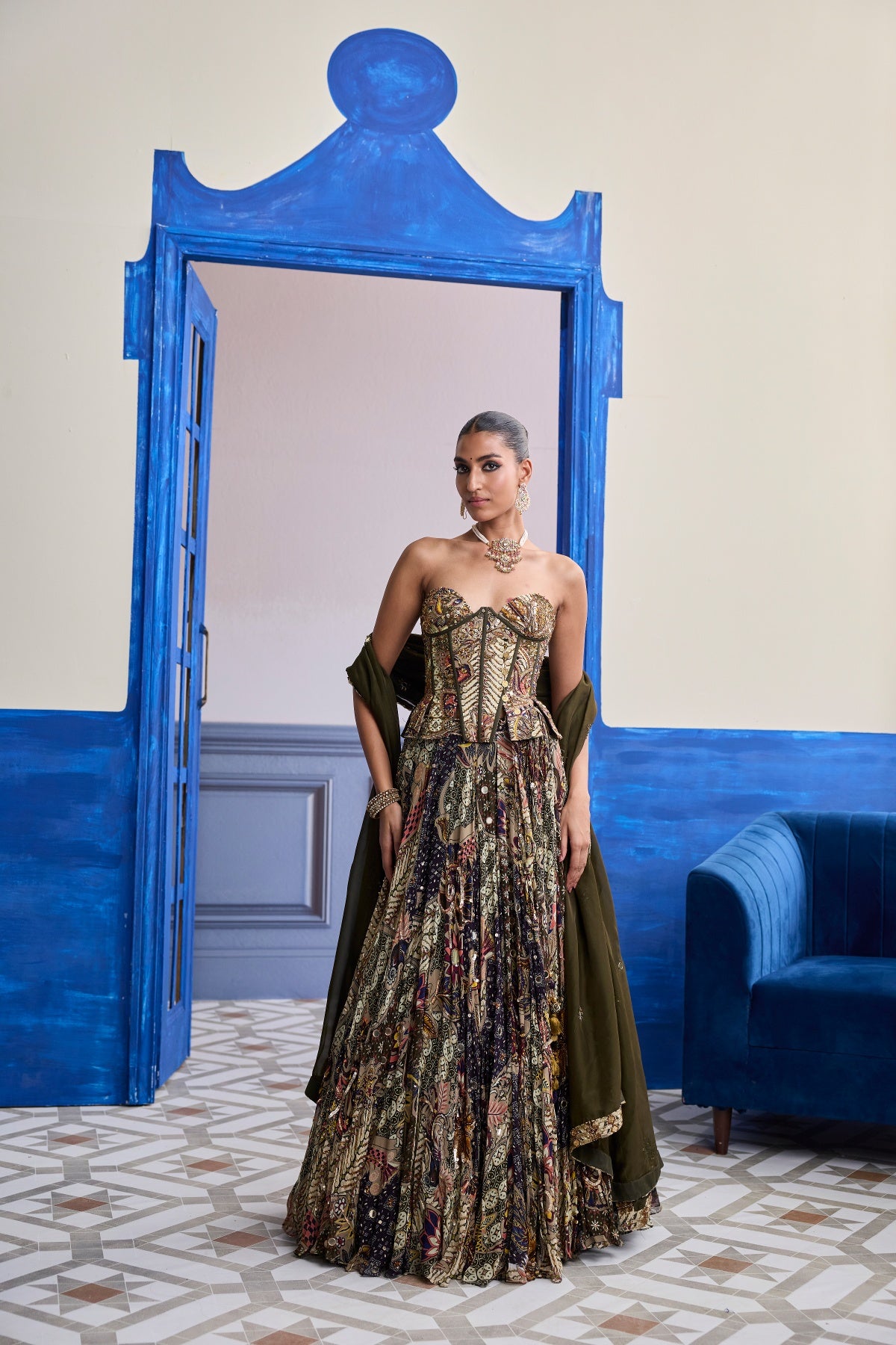 OLIVE PRINT CORSET WITH HIGHLIGHTED LEHENGA & EMBROIDERED DUPATTA SET