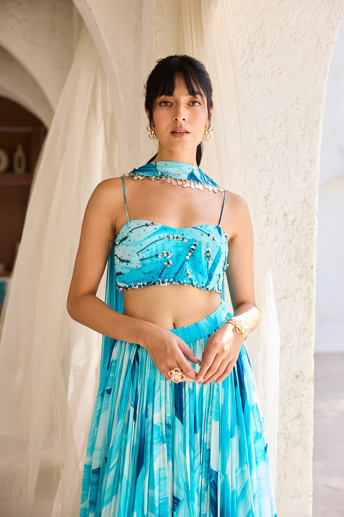 Breezy Blue Petal Printed Crop Top Skirt Set