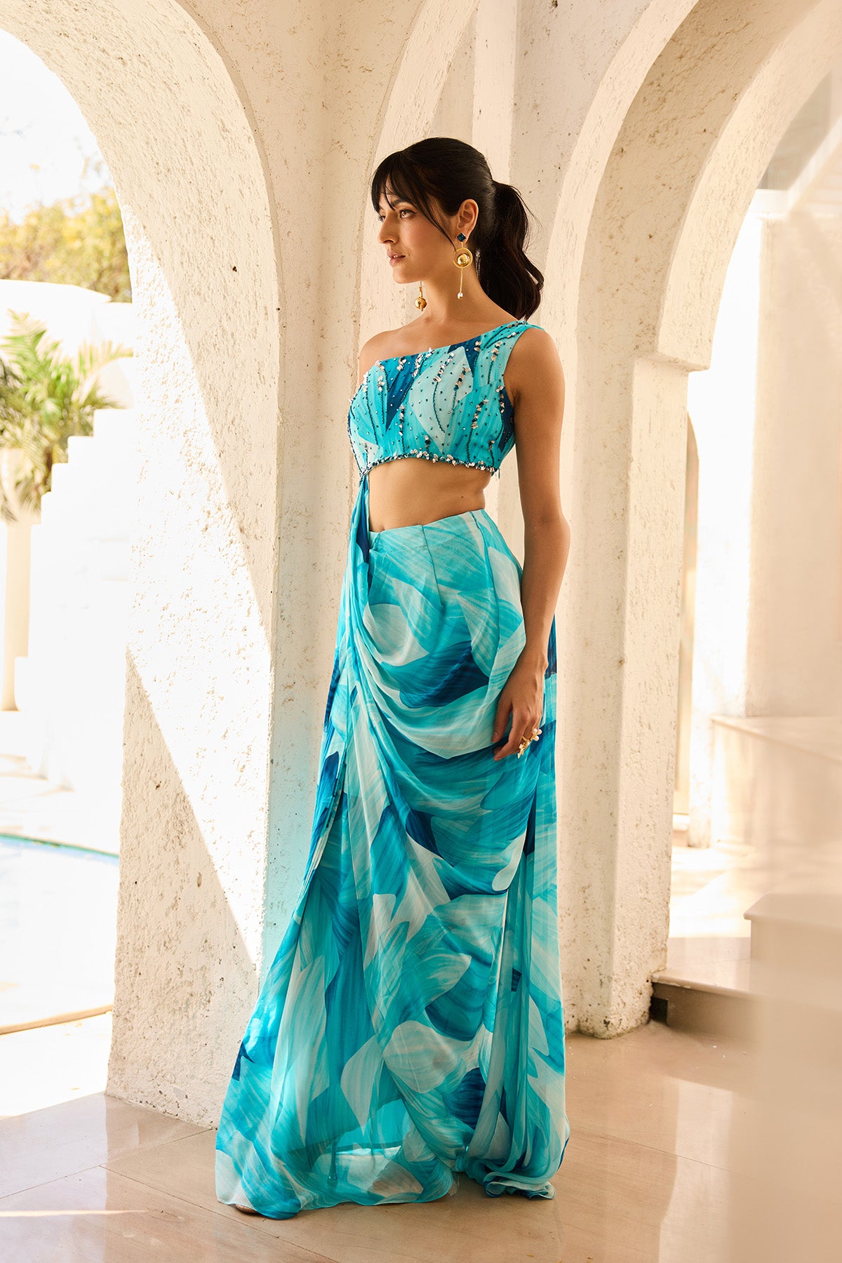 Breezy Blue Petal Printed pre-Draped Saree Set