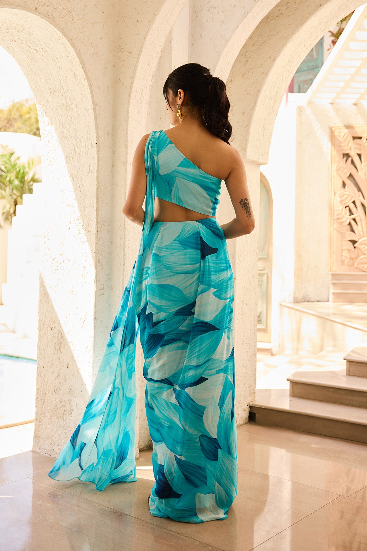 Breezy Blue Petal Printed pre-Draped Saree Set