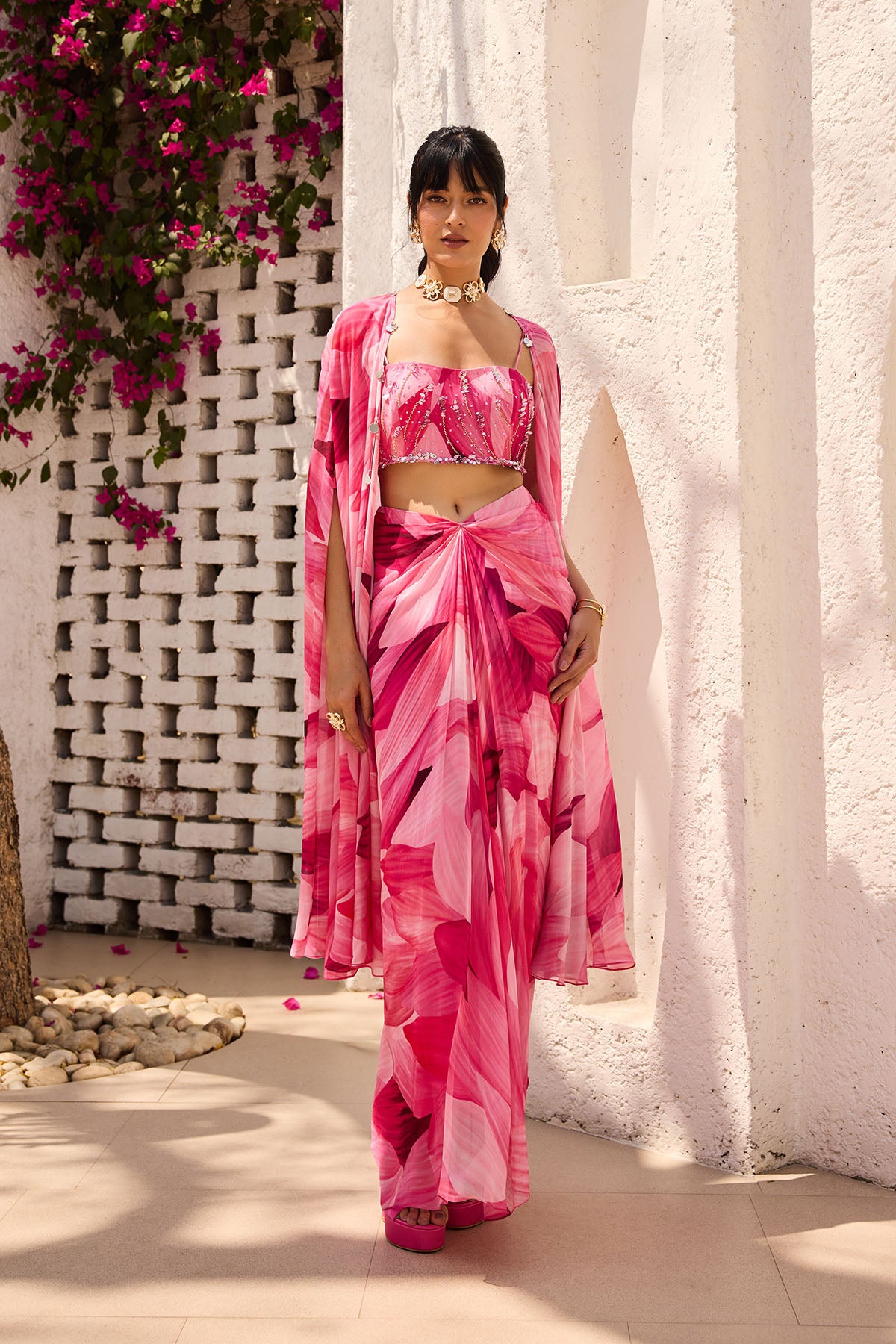 Blush Pink Petal Printed Cape Set