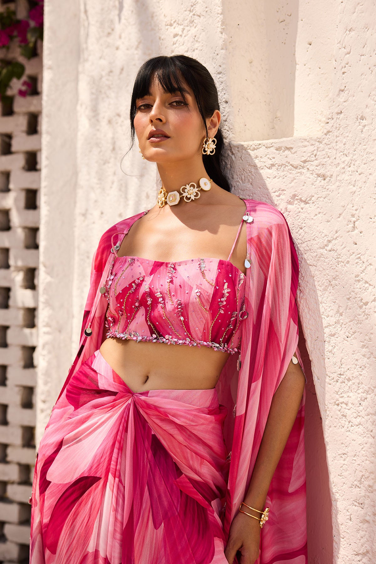 Blush Pink Petal Printed Cape Set