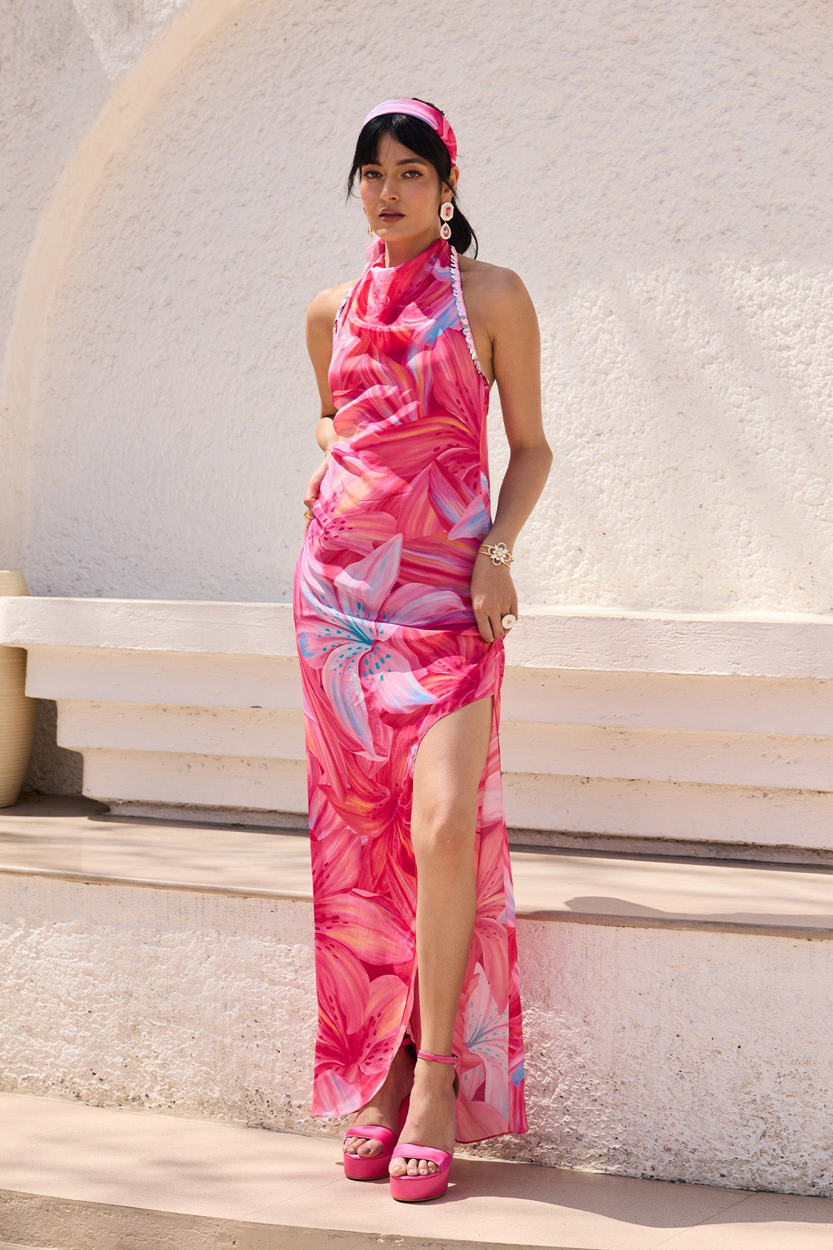 Blush Pink Petal Printed Slit Dress