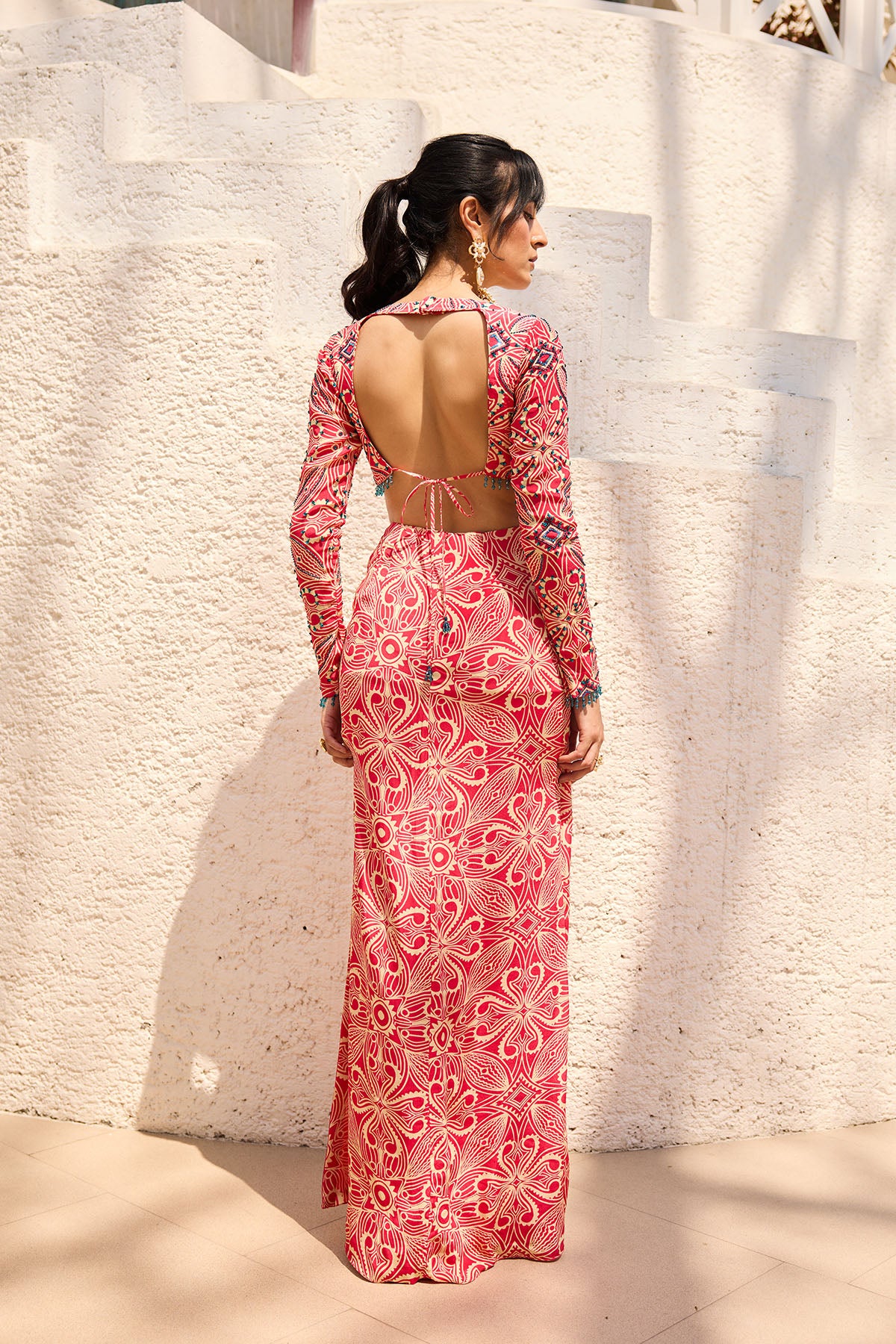 Pink Asymmetric Printed Crop Top Skit Set