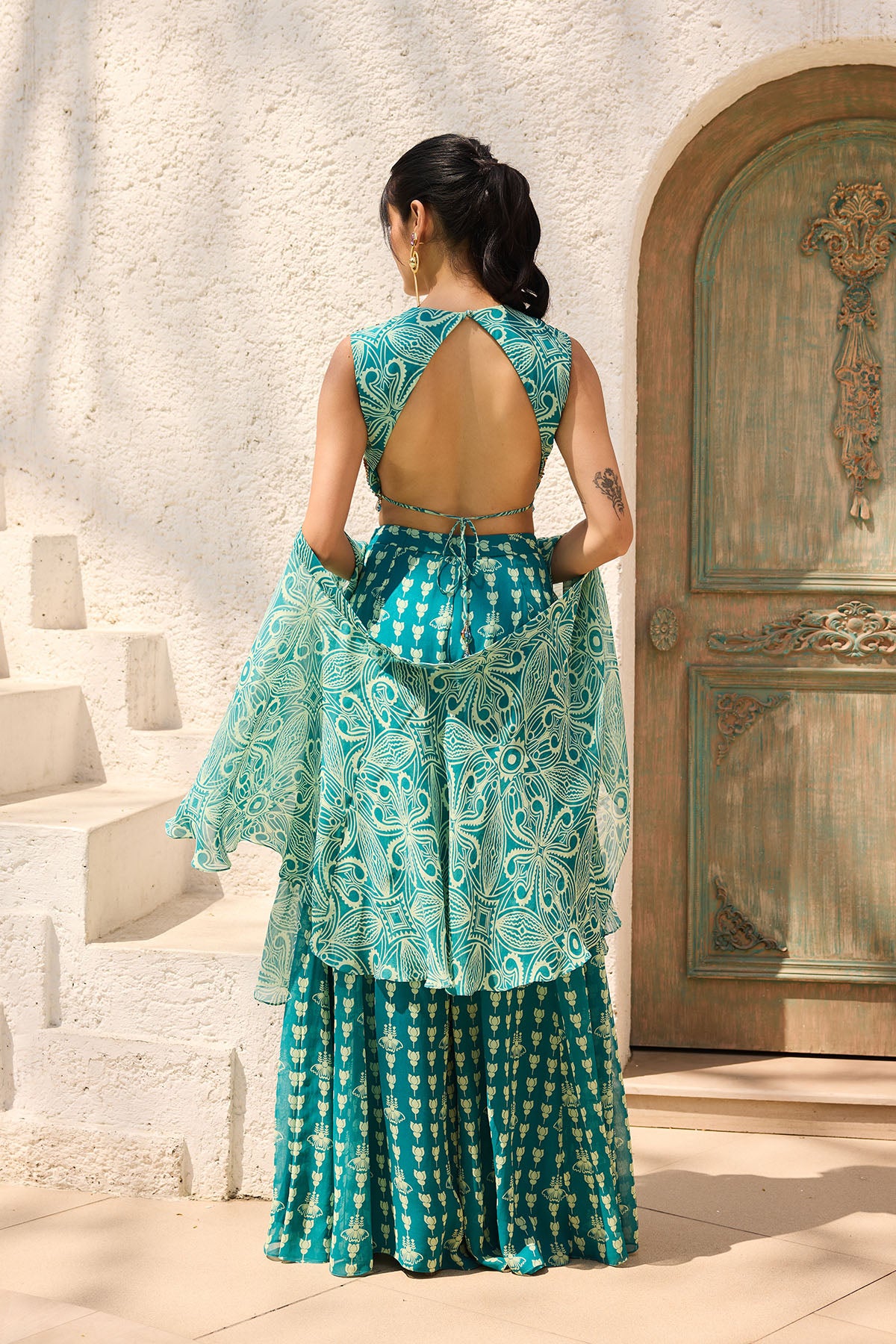 Teal Asymmetric Printed Crop Top Pant Set