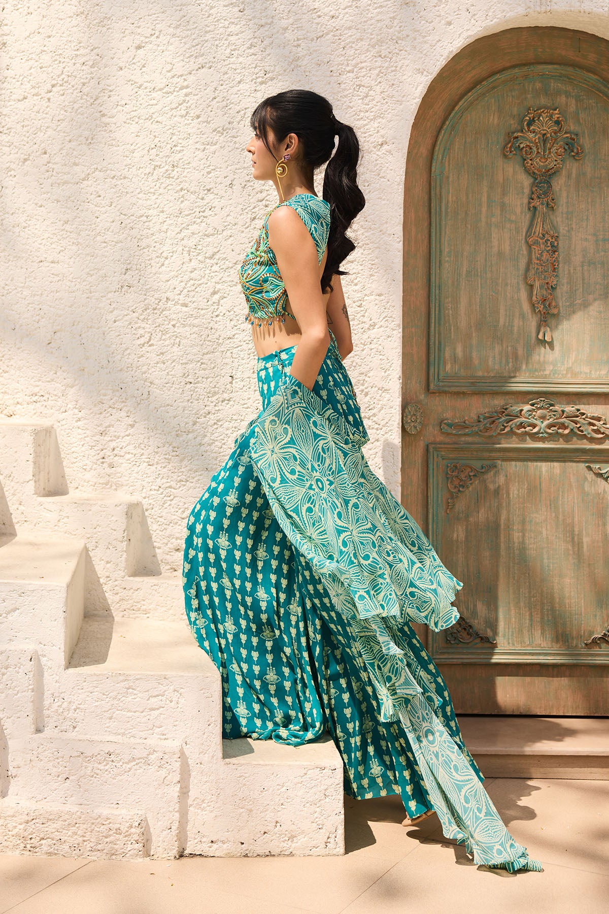 Teal Asymmetric Printed Crop Top Pant Set