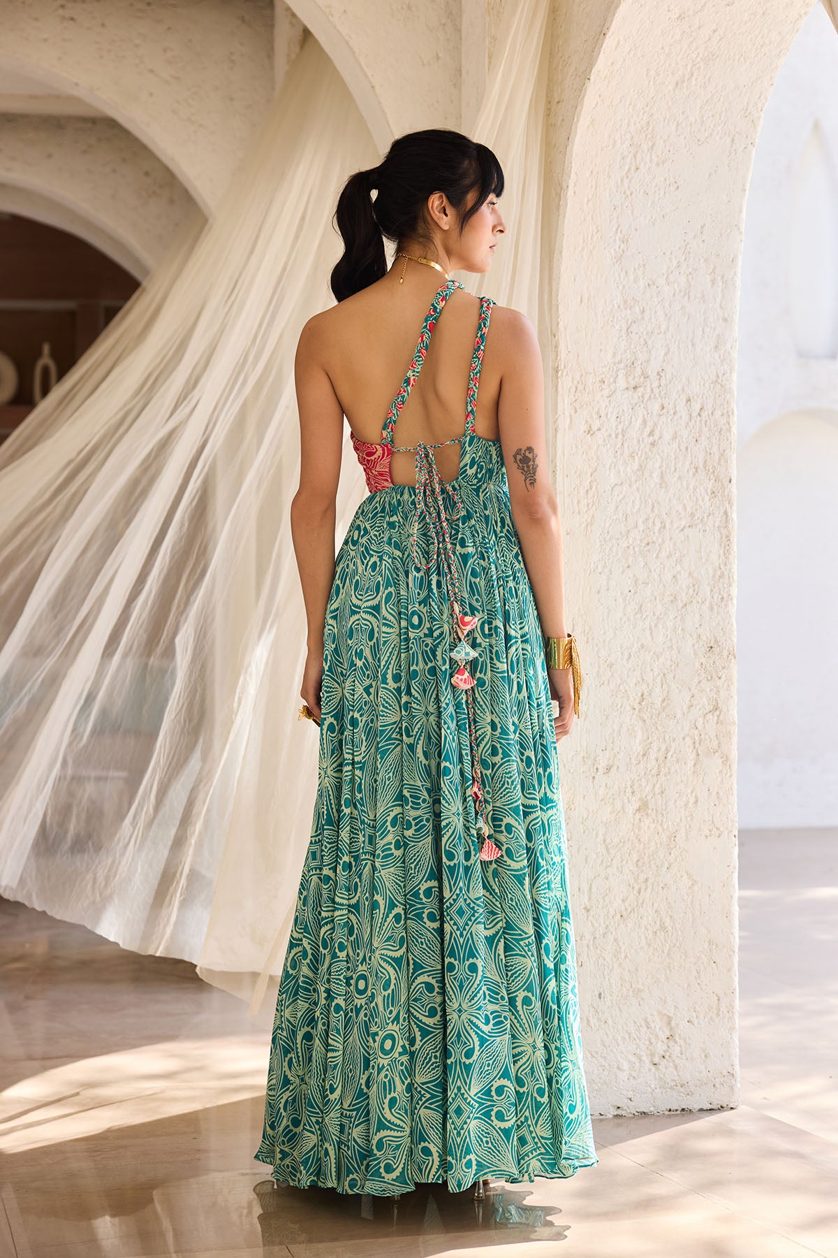 Teal & Pink Asymmetric Printed Dress