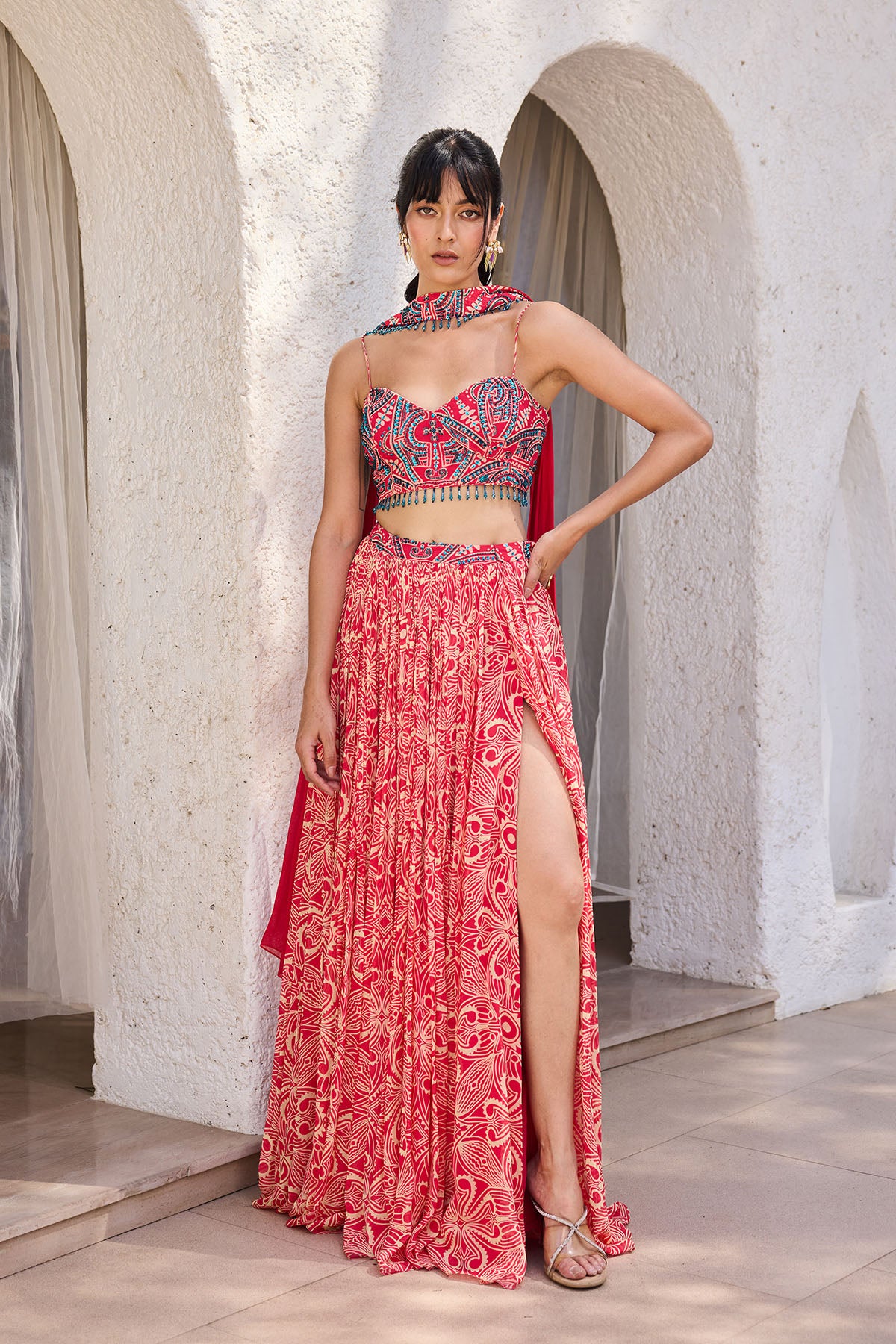 Pink Asymmetric Printed Crop Top Skirt Set