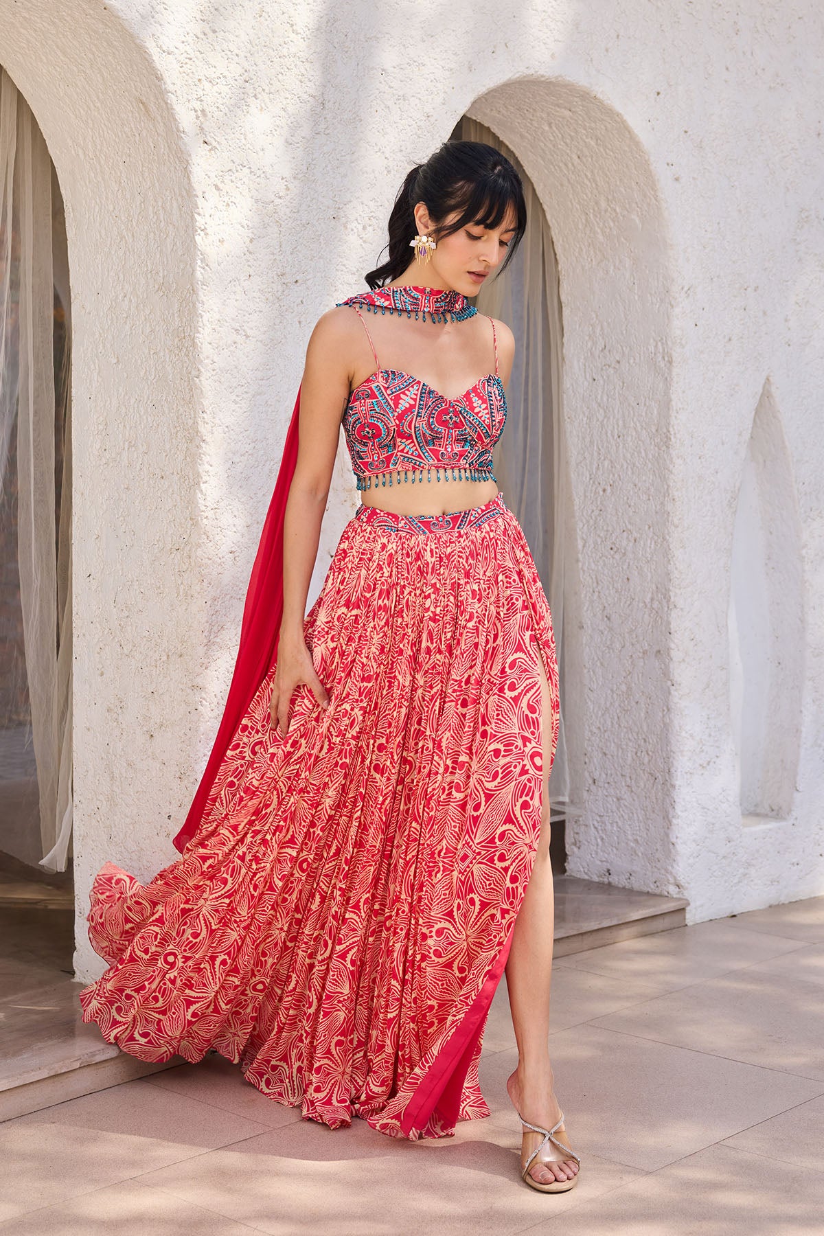 Pink Asymmetric Printed Crop Top Skirt Set