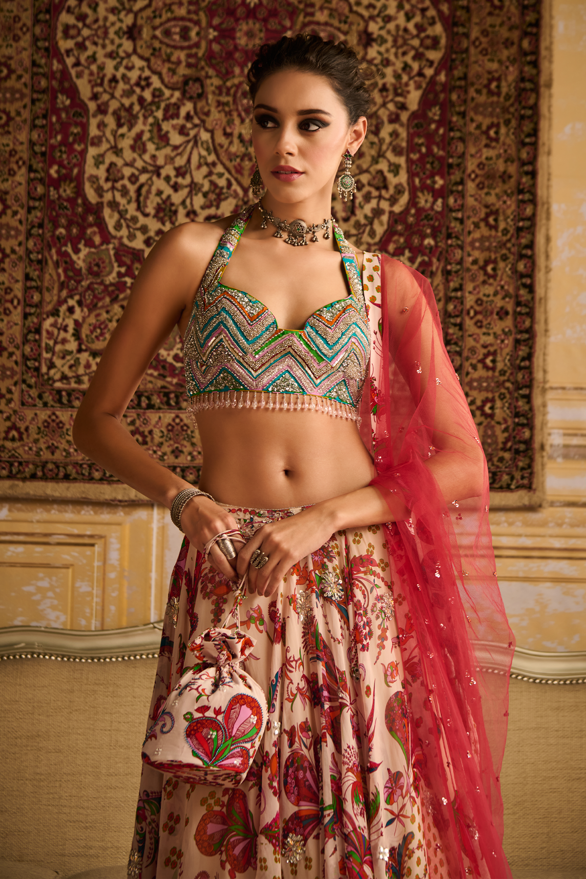 Red zig-zag butta print embroidered blouse and lehenga set