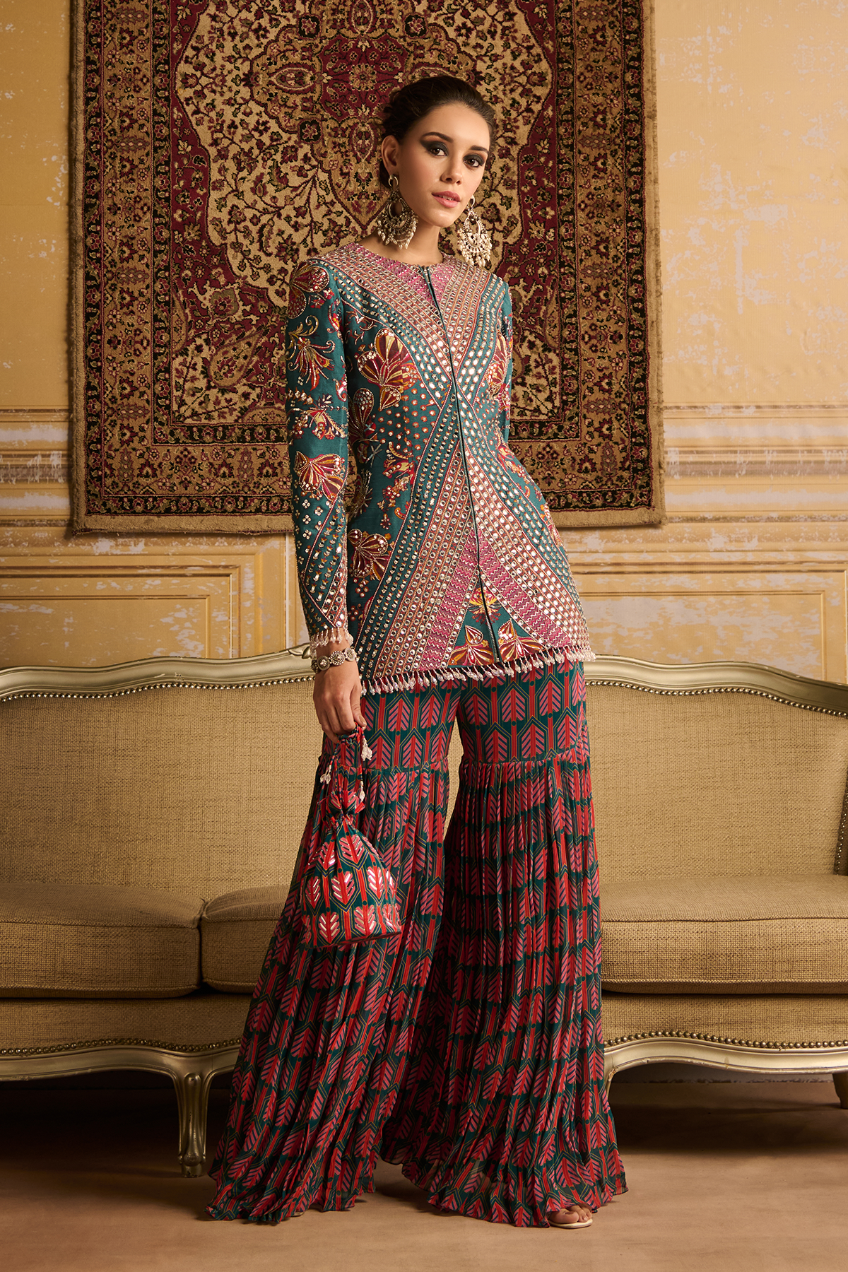 Teal highlighted jacket and Gharara pants