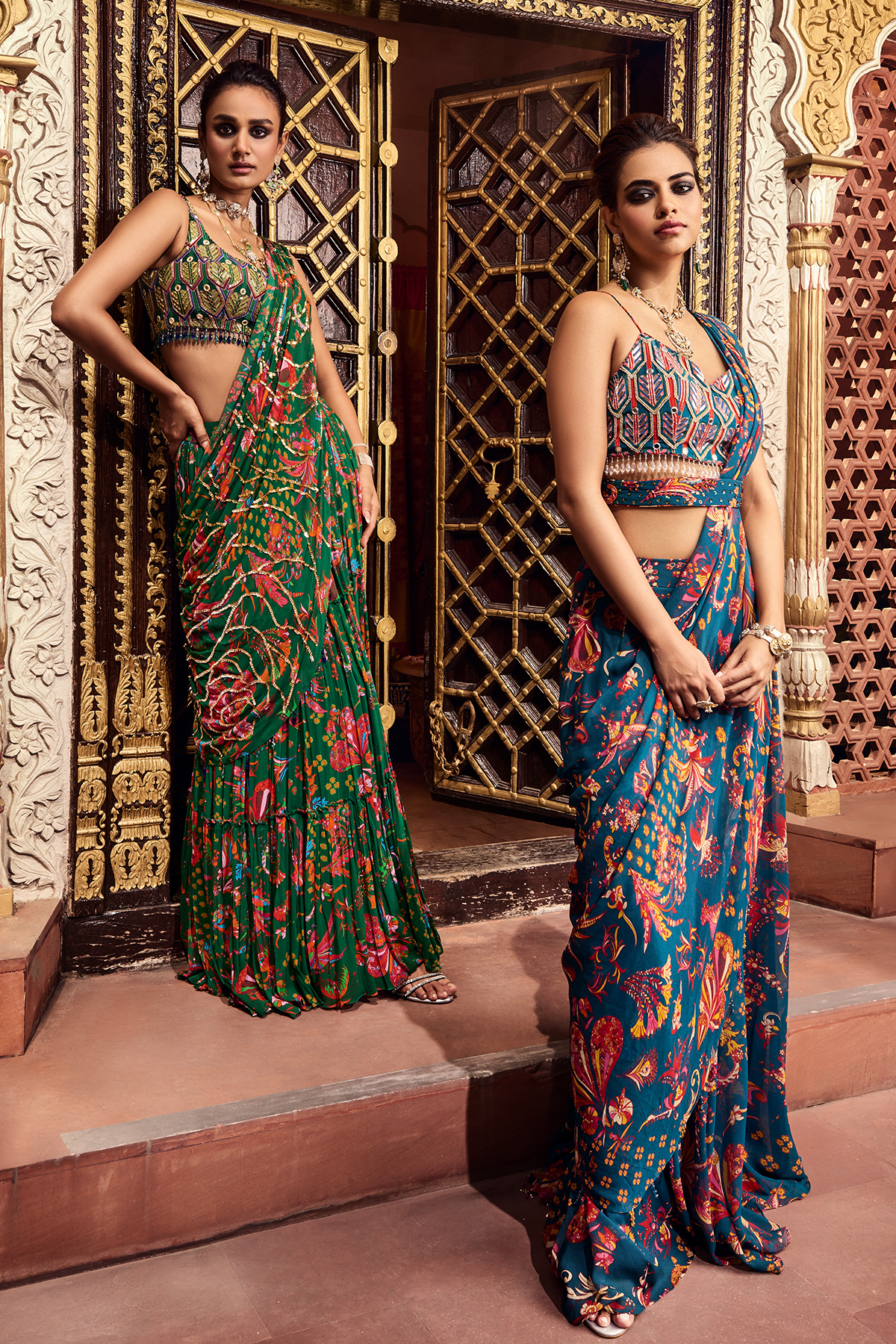 Teal highlighted blouse and saree set