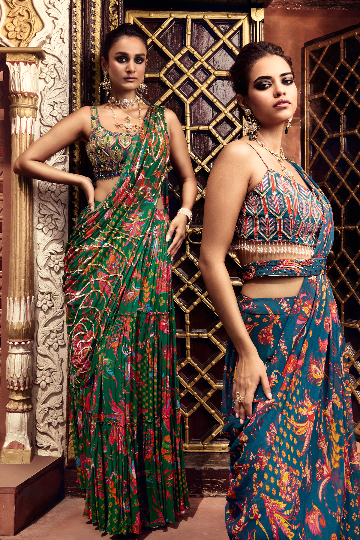 Teal highlighted blouse and saree set