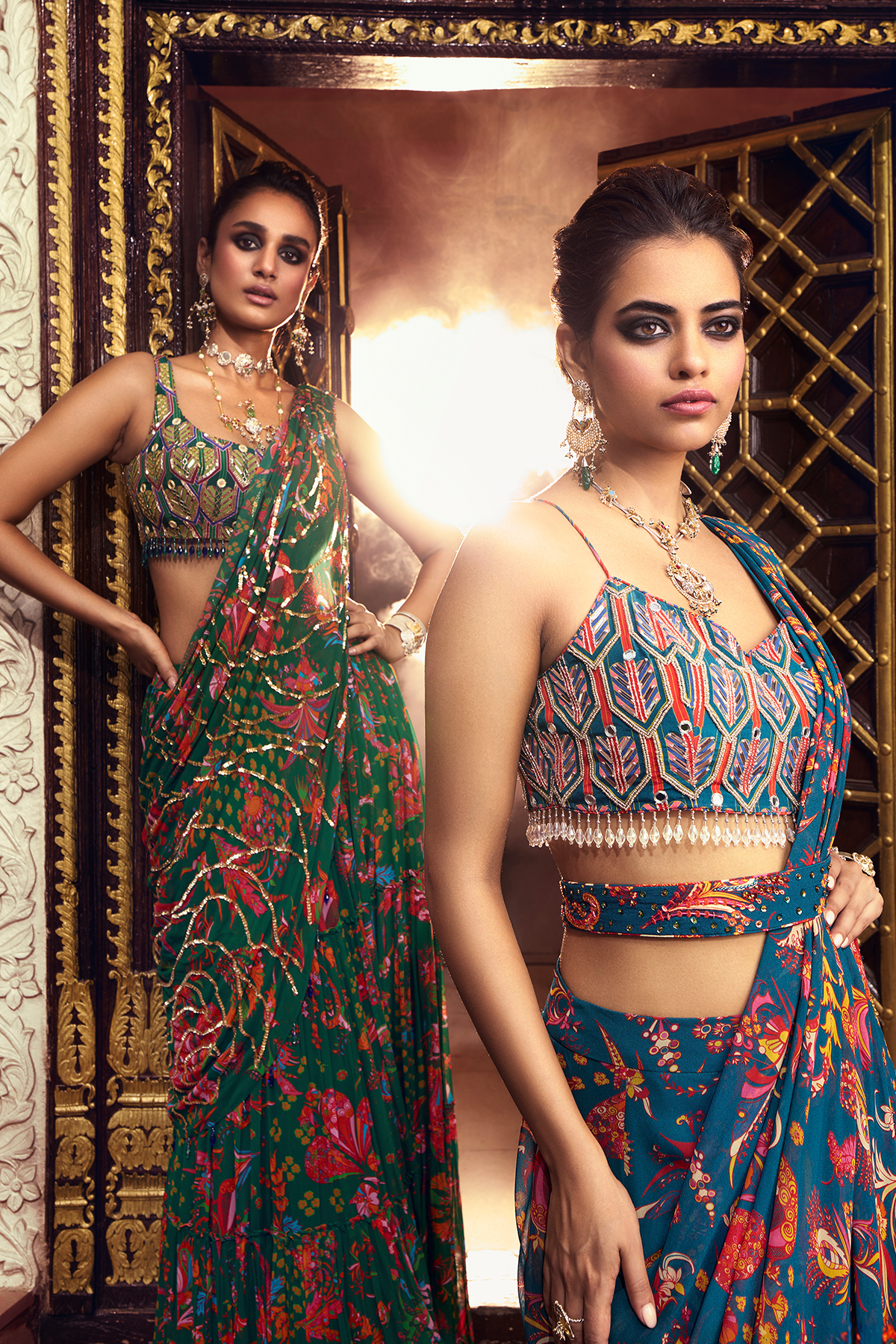 Teal highlighted blouse and saree set