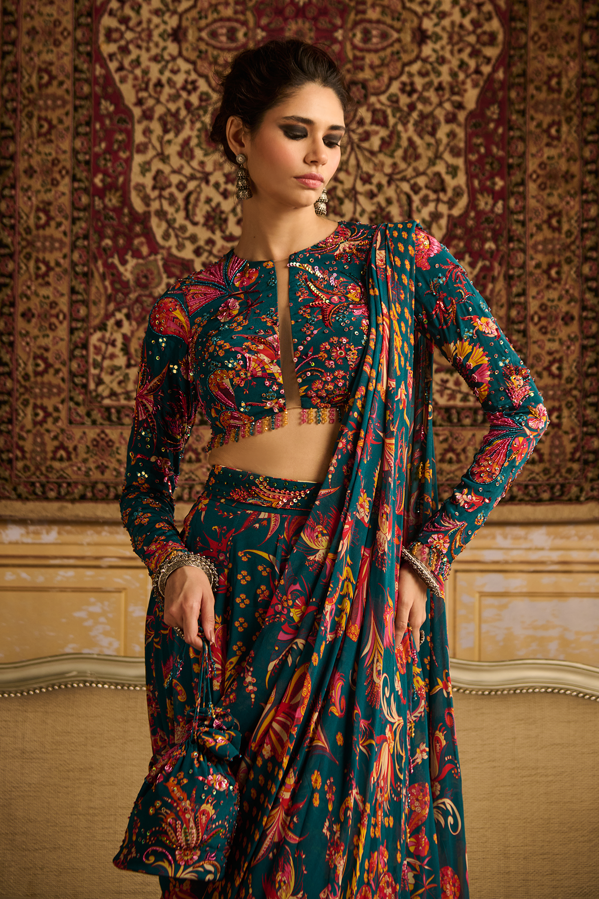 Teal embroidered Blouse with panel skirt saree