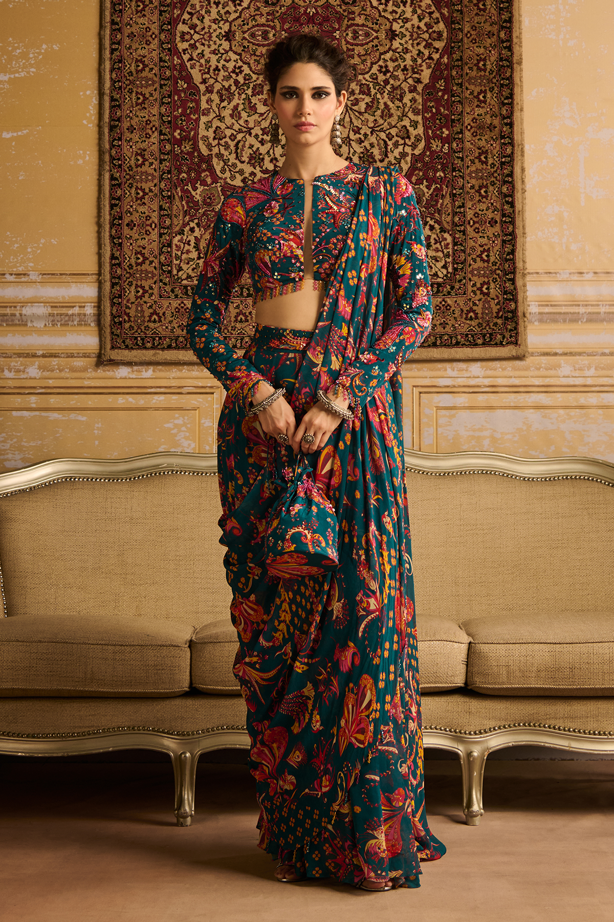 Teal embroidered Blouse with panel skirt saree