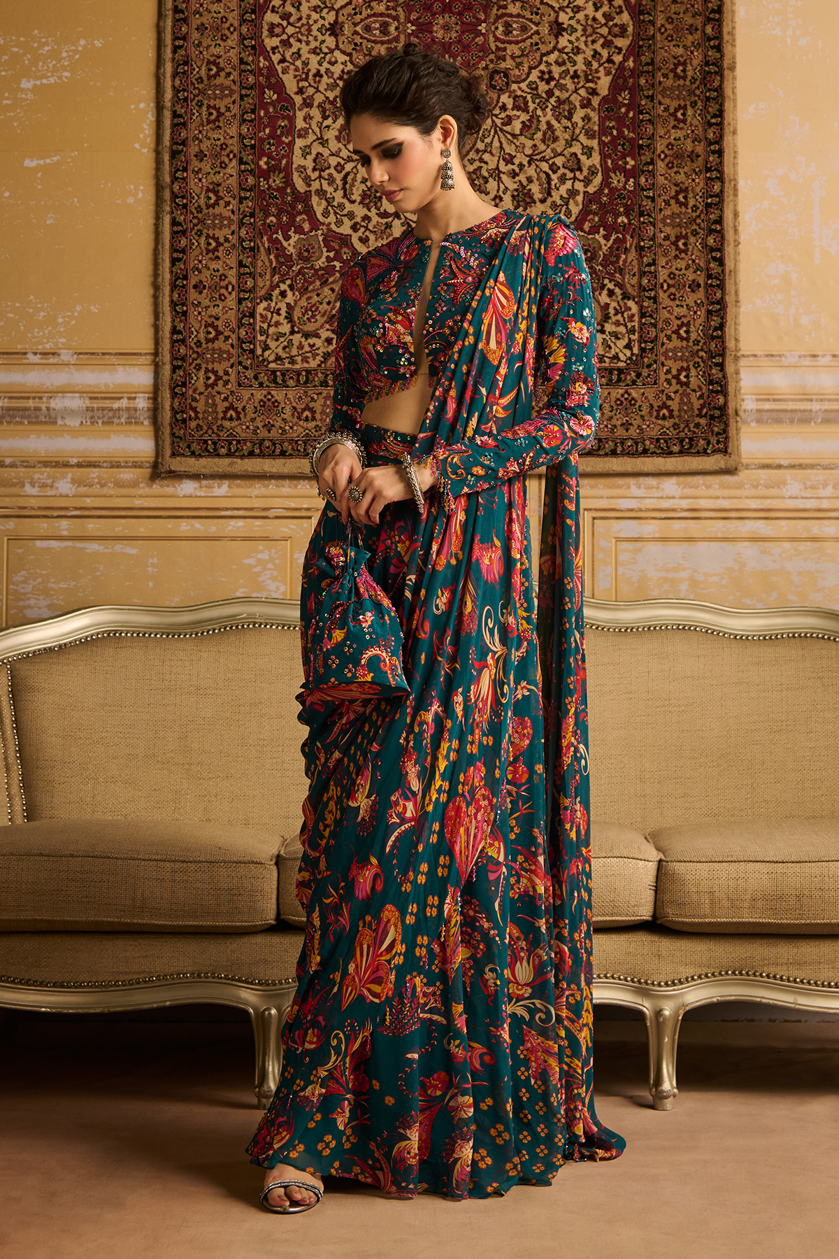 Teal embroidered Blouse with panel skirt saree